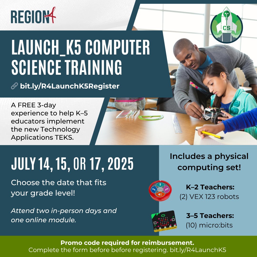R4Math's tweet image. 🚨 FREE K–5 training next week! Learn how to bring the new #TechApps TEKS to life with hands-on tools & training.
Get your promo code FIRST: bit.ly/R4LaunchK5
Then register at no cost: bit.ly/R4LaunchK5Regi…
Don’t miss this chance to explore #CompSci in a whole new way!