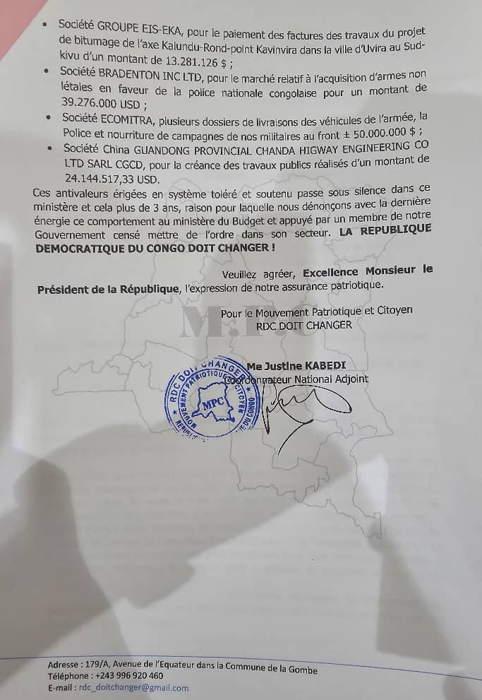 #RDC : Le Mouvement Patriotique et Citoyen (MPC) alerte la Présidence de la République sur les pratiques mafieuses érigées en système au sein du Ministère du Budget, tolérées depuis plus de trois ans par Aimé Boji . Selon ce mouvement, plusieurs dossiers sont bloqués illégalement
