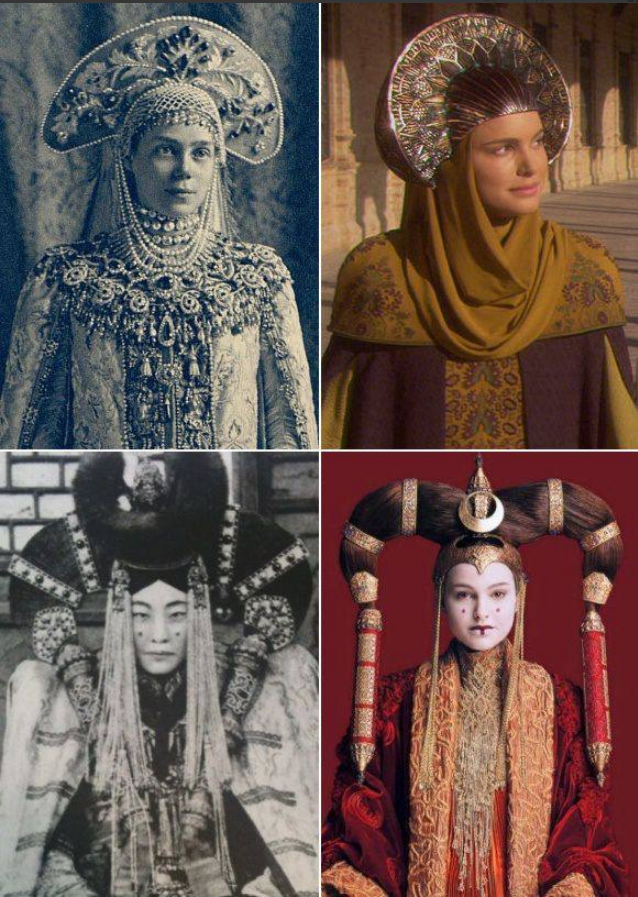 Top Left: Grand Duchess Xenia Alexandrovna of Romanov Russia
Bottom Left: Tartarian Queen Genepil, the last known heiress of the Tartarian Empire

Right Panels: Fictional 'Queen Amidala' from the Star-Wars Movies
