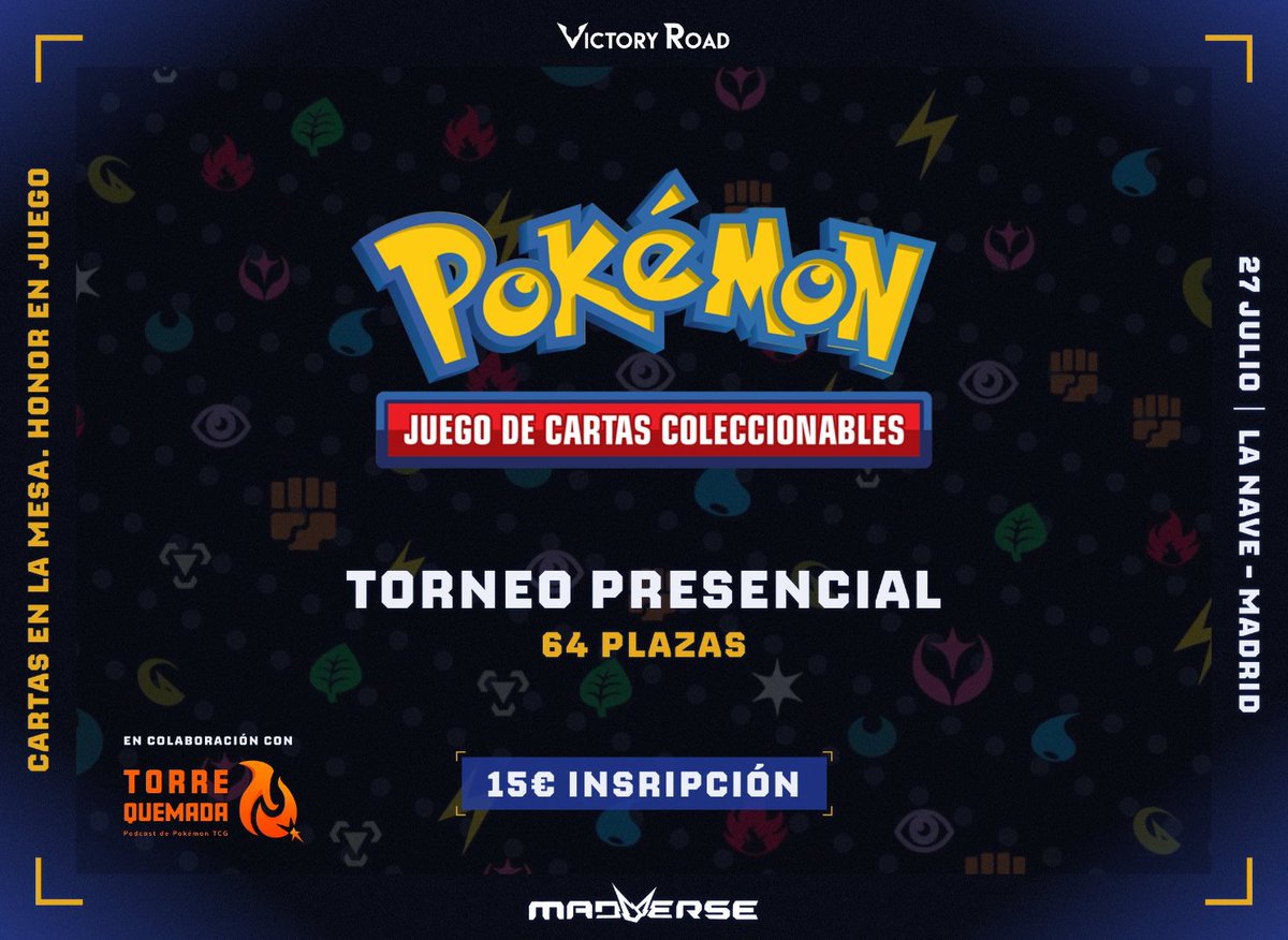 VR España (@victoryroades) on Twitter photo ¡Traemos torneo de Pokémon TCG a <a href="/Madverse_es/">Madverse</a> junto a <a href="/torrequemadatcg/">Torre Quemada | Un Pódcast de Pokémon TCG</a>! 🔥
¡Ven a jugar y compite por premios en metálico!
📅 Domingo 27 de julio
🤑 500€ de prizepool
📃 Formato Suizo + Top cut
🎁 ¡1 sobre por participar!
📖Info: tcg.victoryroad.pro/es/pokemontcg-…
🎫Entradas: ¡Traemos torneo de Pokémon TCG a <a href="/Madverse_es/">Madverse</a> junto a <a href="/torrequemadatcg/">Torre Quemada | Un Pódcast de Pokémon TCG</a>! 🔥
¡Ven a jugar y compite por premios en metálico!
📅 Domingo 27 de julio
🤑 500€ de prizepool
📃 Formato Suizo + Top cut
🎁 ¡1 sobre por participar!
📖Info: tcg.victoryroad.pro/es/pokemontcg-…
🎫Entradas:
