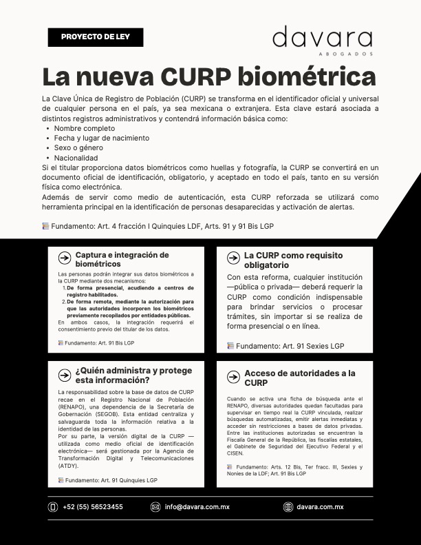Davara Abogados (@davaraabogados) on Twitter photo 📣 La #CURP cambia: ahora podrá incluir huellas y foto como ID oficial.
✔️ CURP con biométricos = obligatoria
✔️ Nuevo sistema nacional de identidad
✔️ Tú decides cuándo compartirlos
📎 Informe completo de <a href="/DavaraAbogados/">Davara Abogados</a> adjunto en la publicación.
#Biométricos #Privacidad 📣 La #CURP cambia: ahora podrá incluir huellas y foto como ID oficial.
✔️ CURP con biométricos = obligatoria
✔️ Nuevo sistema nacional de identidad
✔️ Tú decides cuándo compartirlos
📎 Informe completo de <a href="/DavaraAbogados/">Davara Abogados</a> adjunto en la publicación.
#Biométricos #Privacidad