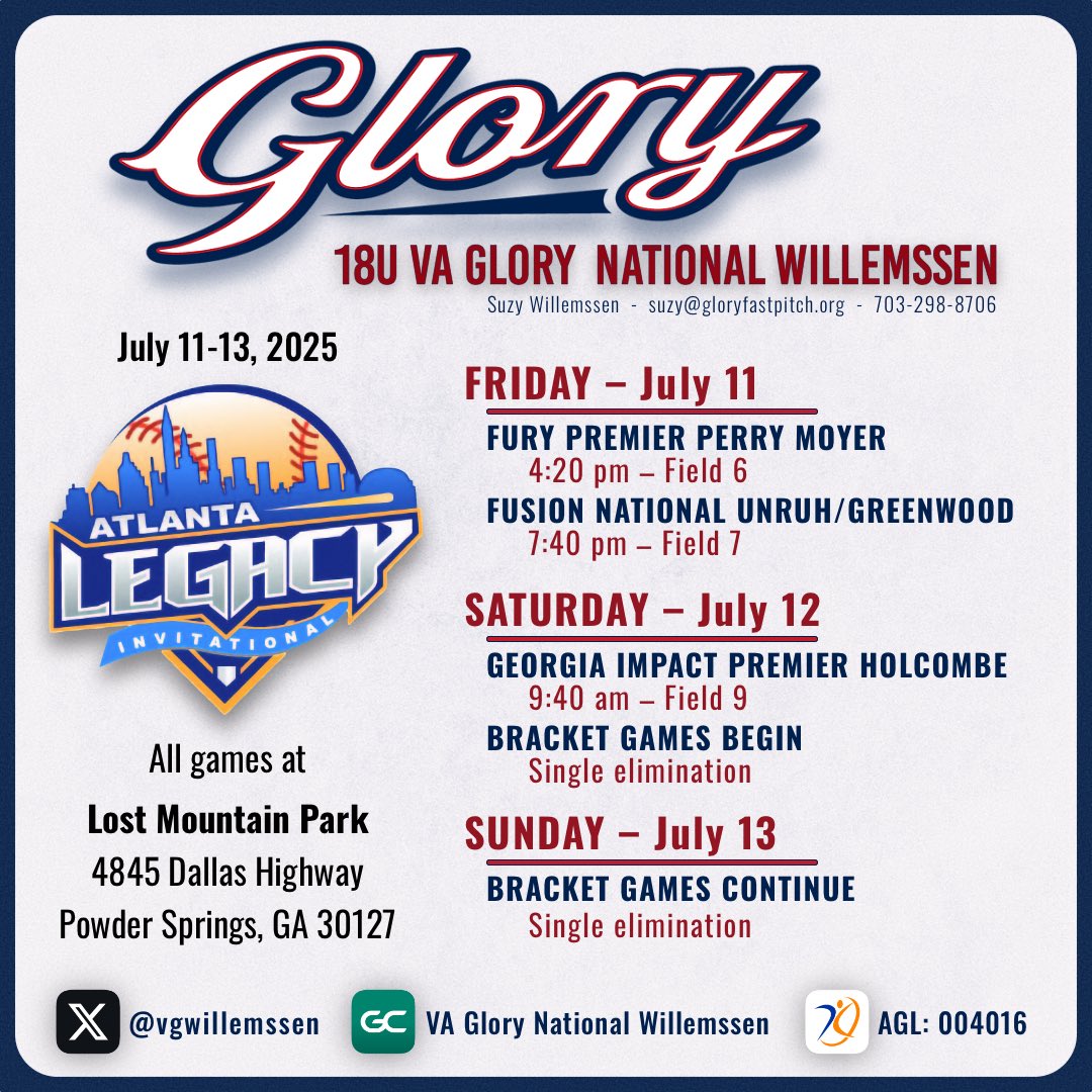 Ryleigh Dooley 2027 (@rydooley2027) on Twitter photo So excited for the Atlanta Legacy Invitational this weekend!!! It’s going to be so much fun to get to play amazing competition, Hope to see you there!! <a href="/VGWillemssen/">VA Glory National Willemssen</a> <a href="/SuzyWillemssen/">Suzy Willemssen</a> <a href="/kevinbednoski/">Kevin Bednoski</a> <a href="/VAGloryFP/">VA Glory Fastpitch</a> So excited for the Atlanta Legacy Invitational this weekend!!! It’s going to be so much fun to get to play amazing competition, Hope to see you there!! <a href="/VGWillemssen/">VA Glory National Willemssen</a> <a href="/SuzyWillemssen/">Suzy Willemssen</a> <a href="/kevinbednoski/">Kevin Bednoski</a> <a href="/VAGloryFP/">VA Glory Fastpitch</a>