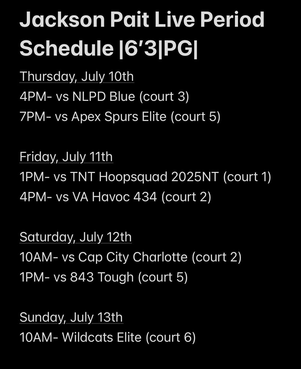 Schedule for this weekend’s <a href="/Phenom_Hoops/">Phenom Hoop Report</a> Live Event in Raleigh. Playing with the Charleston Raptors.