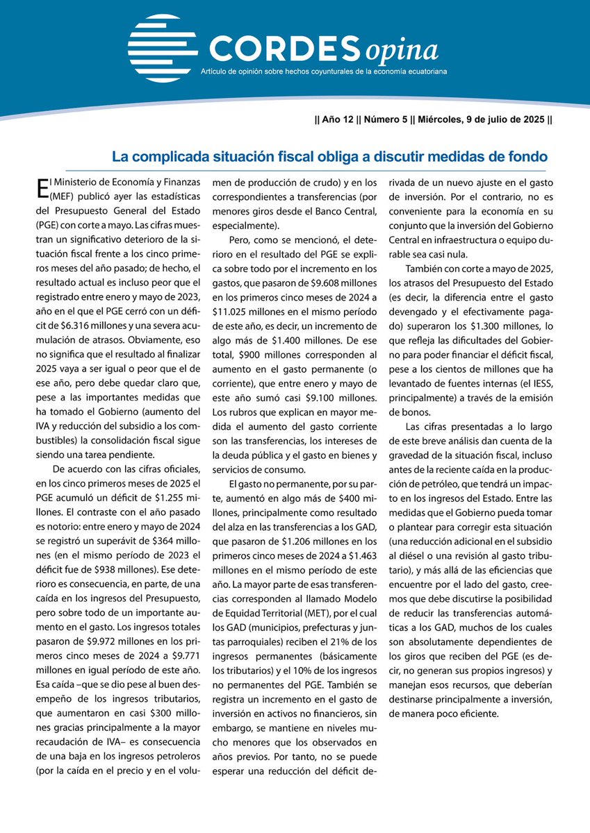 El Presupuesto del Estado pasó de un superávit de $364 millones en ene-may 2024 a un déficit de $1.255 millones en igual período de 2025. Esta situación obliga a debatir distintas medidas, entre ellas reducir las transferencias a los GAD. Nuestro análisis: cordes.org/publicacion/op…