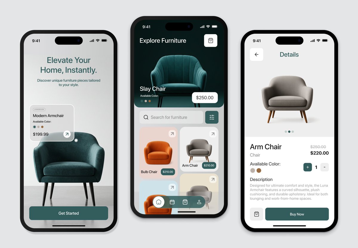 I designed a modern furniture shopping app focused on simplicity and style.

Key features:
– Curated product cards
– Smart search &amp; filter
– Clean product previews
– Price + color selector
– And yes… that smoked teal vibe. 

Sharp, smooth, and shopping-ready.