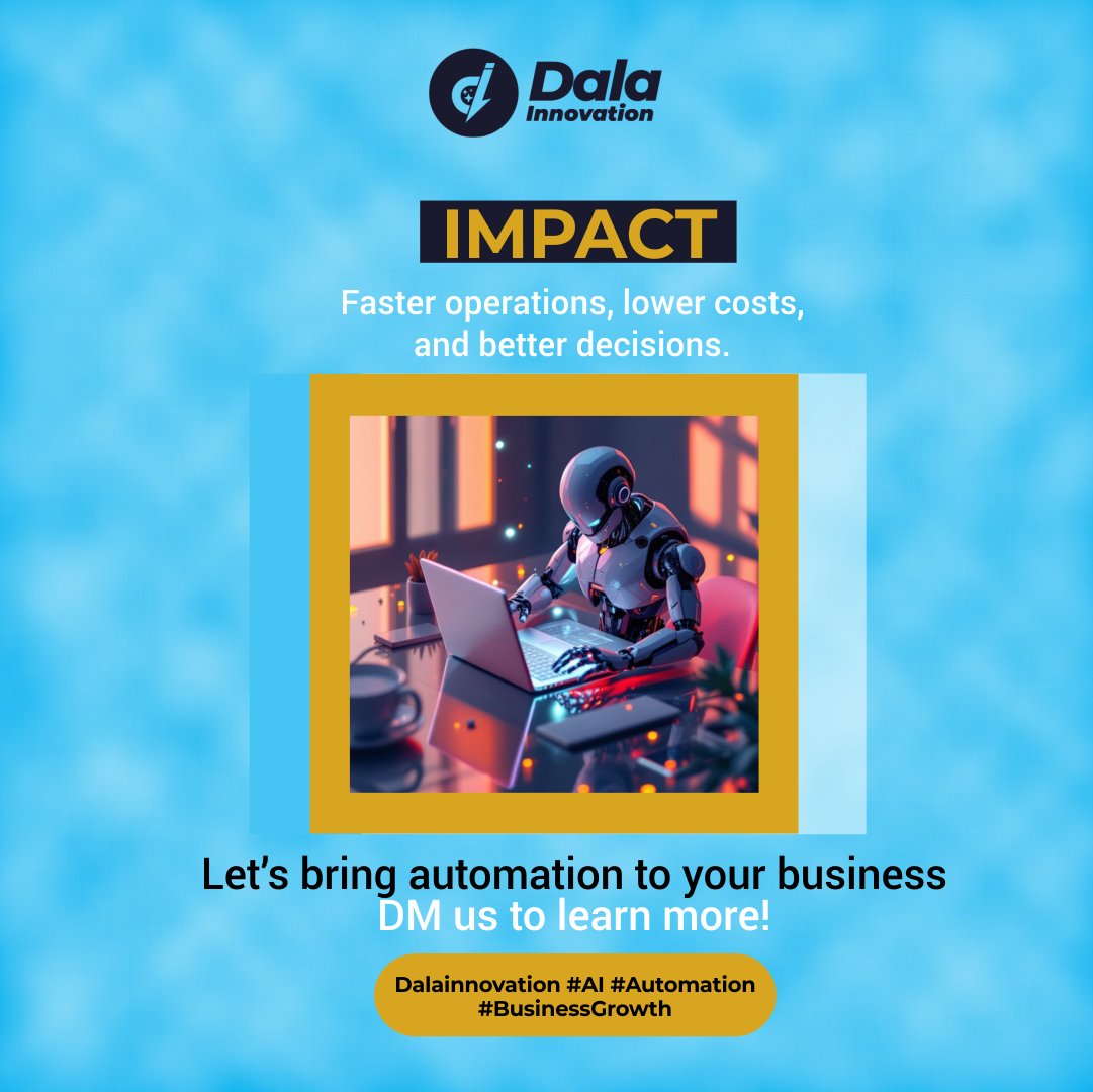 Dala_Innovation's tweet photo. Many businesses lose time and money due to inefficiencies: manual processes, errors, and delays. 🚨 AI and automation are game-changers.

#Dala #Innovation #startup
#AIStartup
#IoTStartup
#AgriStartup
#StartupNigeria
#AfricaStartups
#Founders https://t.co/trr7duFXSZ