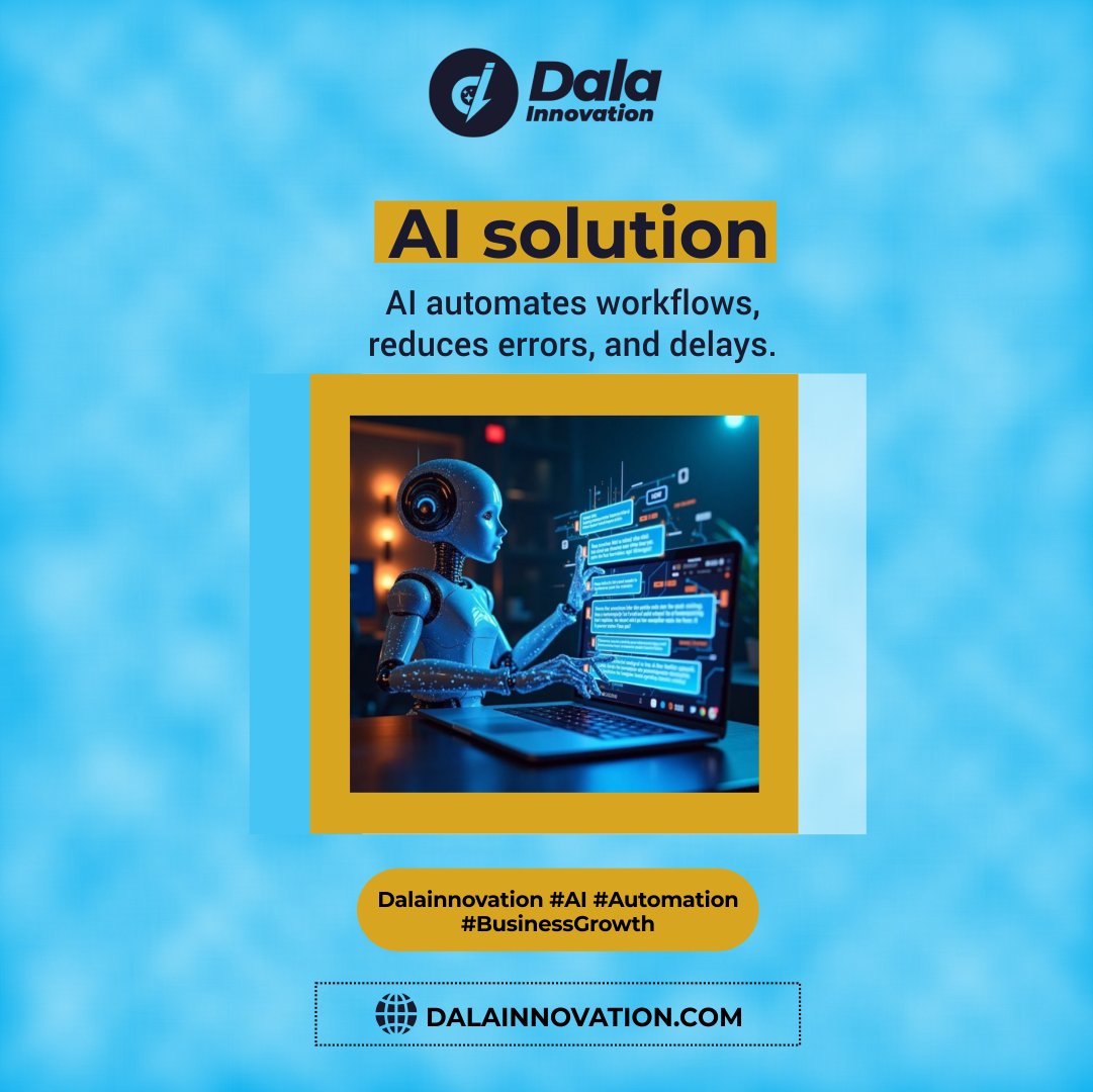 Dala_Innovation's tweet photo. Many businesses lose time and money due to inefficiencies: manual processes, errors, and delays. 🚨 AI and automation are game-changers.

#Dala #Innovation #startup
#AIStartup
#IoTStartup
#AgriStartup
#StartupNigeria
#AfricaStartups
#Founders https://t.co/trr7duFXSZ