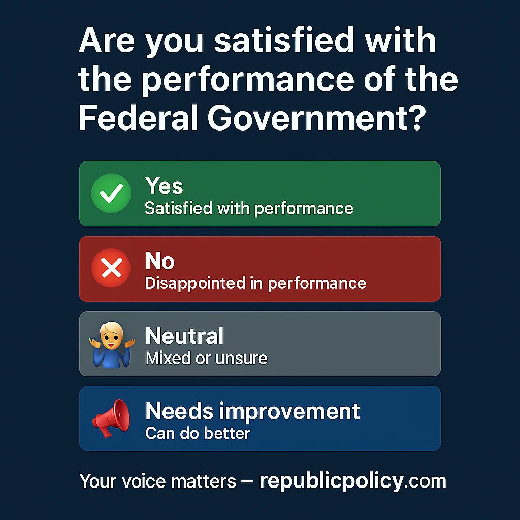 republicpolicy's tweet image. Are you satisfied with the performance of the federal government?
republicpolicy.com 

#RepublicPolicy

#PolicyMatters

#GovernanceReform

#FederalVoice

#HumanRights

#SocialJustice

#PublicPolicy

#YouthEmpowerment

#CivilService

#LegalReform

#EconomicVision

#ThinkTank