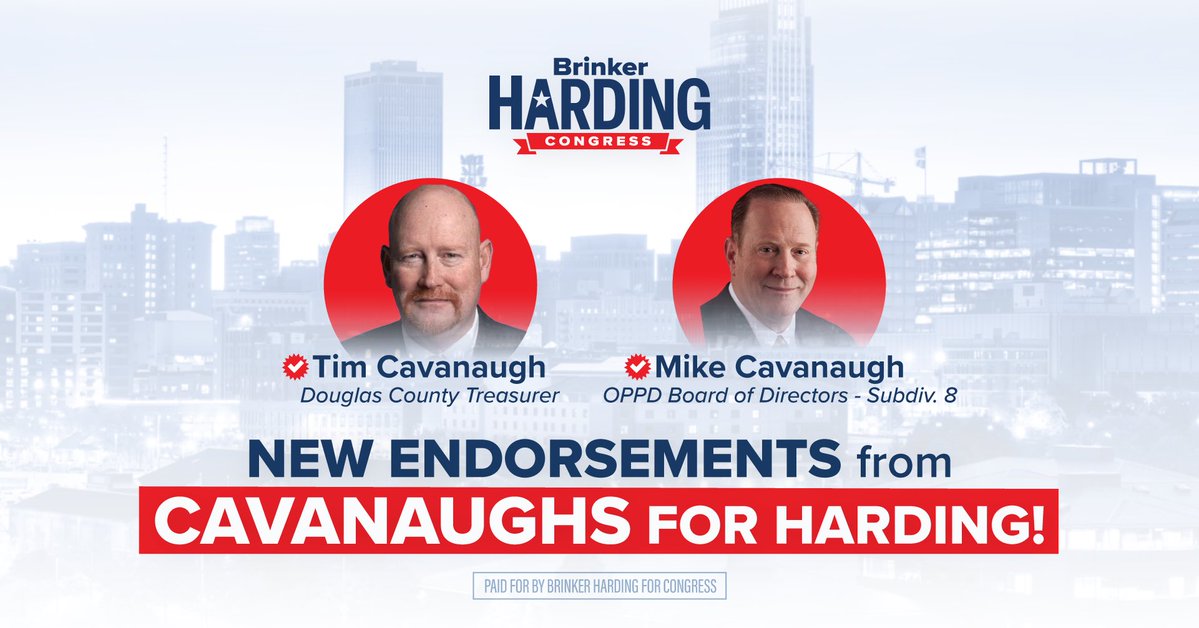 BrinkerHarding's tweet image. 🚨ENDORSEMENT ALERT🚨
I’m honored to announce endorsements from Douglas County Treasurer Tim Cavanaugh and OPPD Board Member Mike Cavanaugh!
Both of them are devoted and proven public servants who work tirelessly to protect our tax dollars and make government more accountable…
