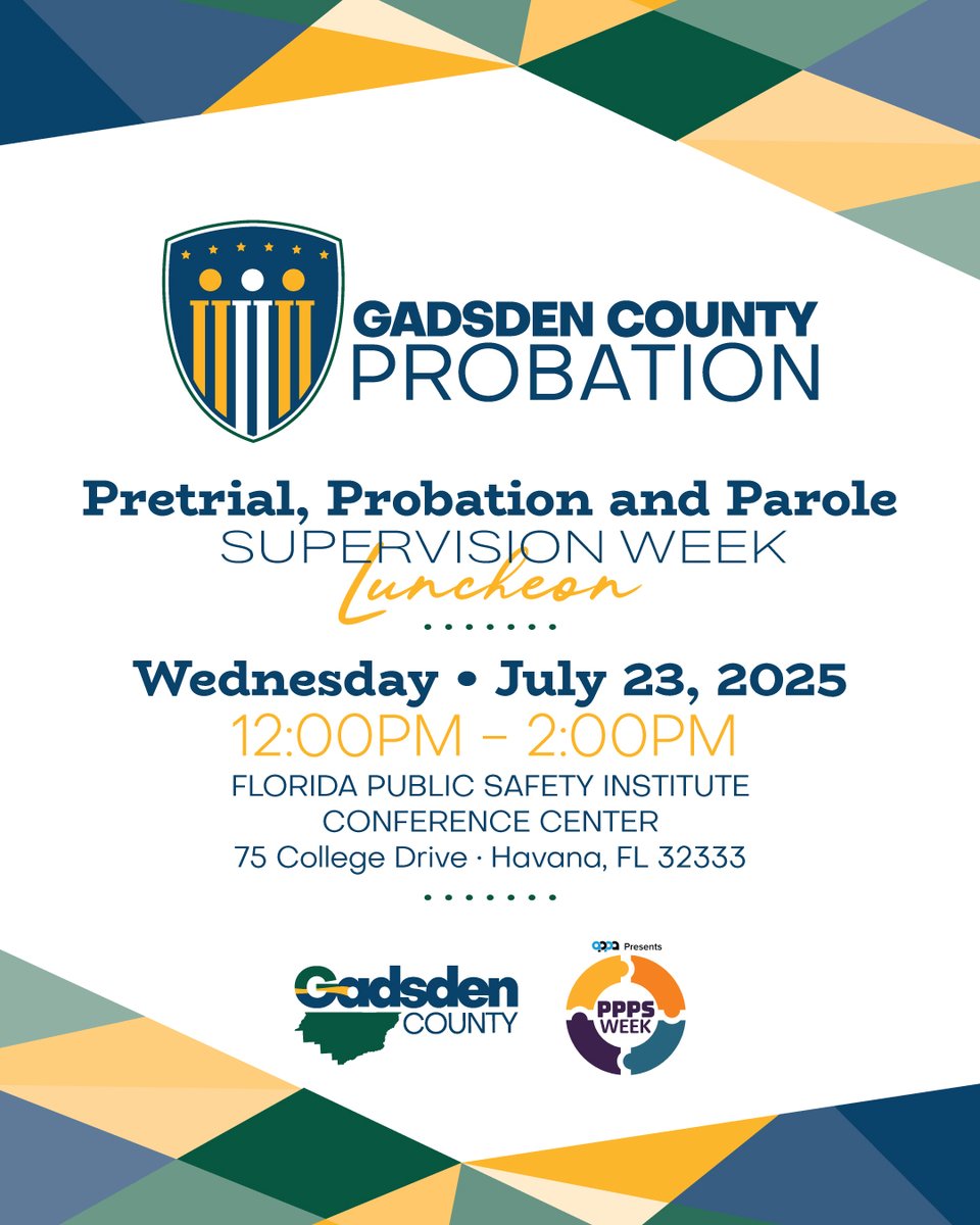 Join us on July 23 at noon for a FREE luncheon celebrating #PPPSWeek2025 at the Florida Public Safety Institute, Havana! 🍽️

Let’s honor the community corrections pros who change lives &amp; enhance public safety.

 🔗 gadsdencountyfl.gov
#GadsdenCounty #HeroesBehindTheMission