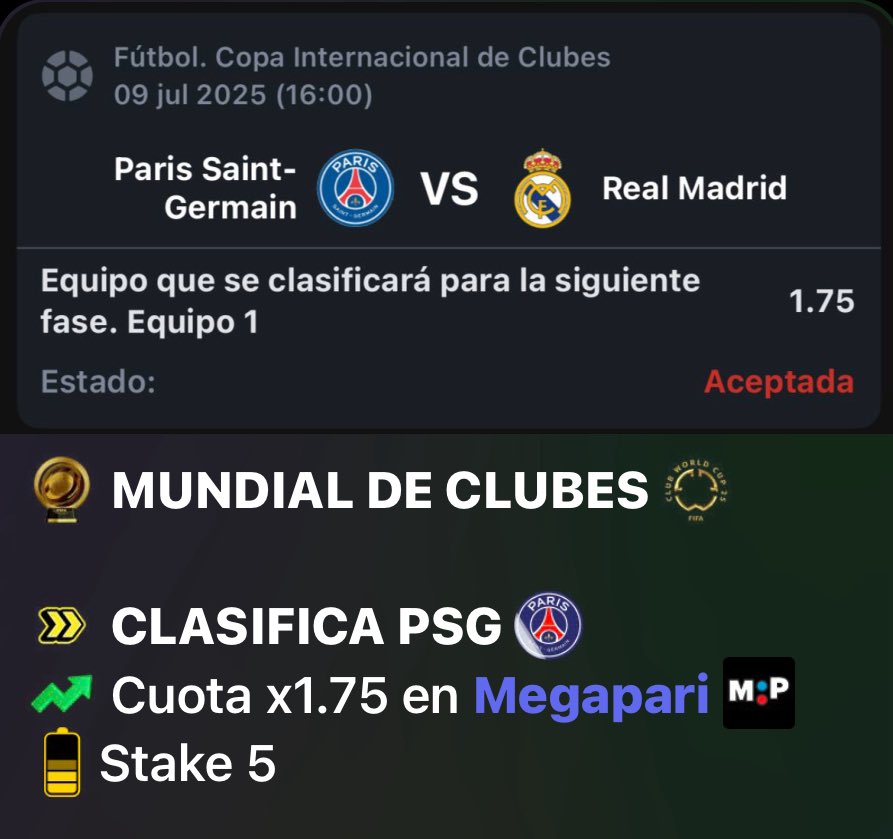 seleccionProArg's tweet image. 🇫🇷 PSG VS REAL MADRID 🇪🇸

Partidazo por las semifinales del #MundialDeClubes y tengo dos apuestas que me gustan mucho 🔝

Clasifica PSG  x1,75 🇫🇷
Y la otra apuesta ya está disponible en el canal de Telegram 🔝
enlace en el primer comentario👇🏼