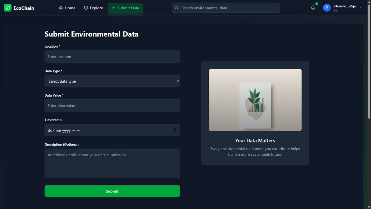codewithamit01's tweet photo. 🚀 EcoChain Completed! ♻️
A blockchain platform on ICP to submit, validate &amp; explore environmental data 🌱

🔐 Auth: Internet Identity 
⚛️ Frontend: React + Vite 
🧠 Backend: Motoko + Rust 
💰 Rewards for contributors &amp; validators
🎯 Mainnet coming soon!
#Web3 #ICP #Blockchain https://t.co/Nv9GnDDYpg