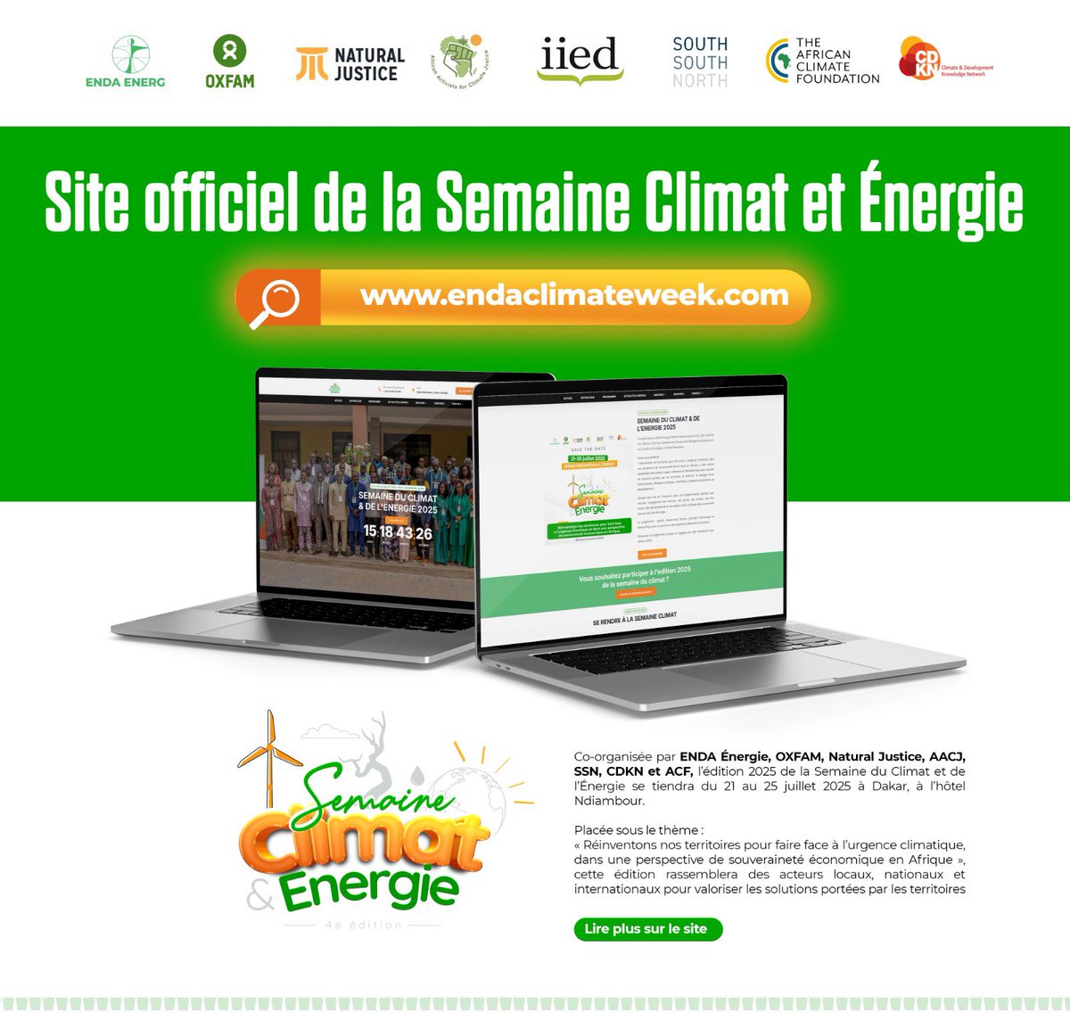 🎉🌍 L’ÉVÉNEMENT INCONTOURNABLE EST DE RETOUR ! 🌱⚡
Acteurs étatiques, organisations de la société civile, partenaires techniques et financiers, jeunes leaders, communautés locales… 📣 La grande messe du #climat et de l’#énergie au #Sénégal vous donne rendez-vous
