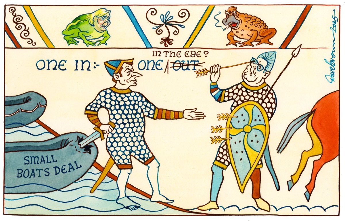 Dave Brown <a href="/DaveBrownToons/">Dave Brown</a> <a href="/Independent/">The Independent</a> on #Macron #Starmer #LePen #Farage #SmallBoats #OneInOneOut #Migration #EntenteCordiale #BayeuxTapestry - political cartoon gallery in London original-political-cartoon.com