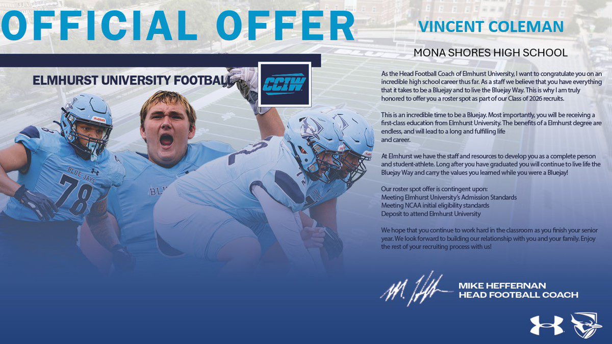 Vincent Coleman, 2026 IOL/DL,Monashores HS (@vinc3_25) on Twitter photo After an amazing phone call with <a href="/Coach_Tahaney/">Jake Tahaney</a> , im blessed to announce i’ve received my second offer from <a href="/ElmhurstU_FB/">Elmhurst University Football</a> !! #AGTG <a href="/TheD_Zone/">The D Zone</a> <a href="/MichFBFrenzy/">Michigan Prep Frenzy</a> <a href="/PrepRedzoneMI/">Prep Redzone Michigan</a> <a href="/247Sports/">247Sports</a> After an amazing phone call with <a href="/Coach_Tahaney/">Jake Tahaney</a> , im blessed to announce i’ve received my second offer from <a href="/ElmhurstU_FB/">Elmhurst University Football</a> !! #AGTG <a href="/TheD_Zone/">The D Zone</a> <a href="/MichFBFrenzy/">Michigan Prep Frenzy</a> <a href="/PrepRedzoneMI/">Prep Redzone Michigan</a> <a href="/247Sports/">247Sports</a>