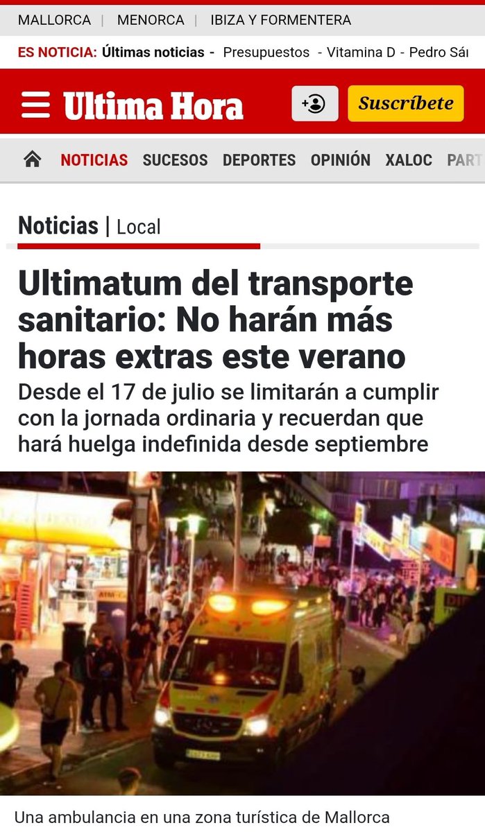 Ultimatum del transporte sanitario: No harán más horas extras este verano
Desde el 17 de julio se limitarán a cumplir con la jornada ordinaria y recuerdan que hará huelga indefinida desde septiembre

ultimahora.es/noticias/local…