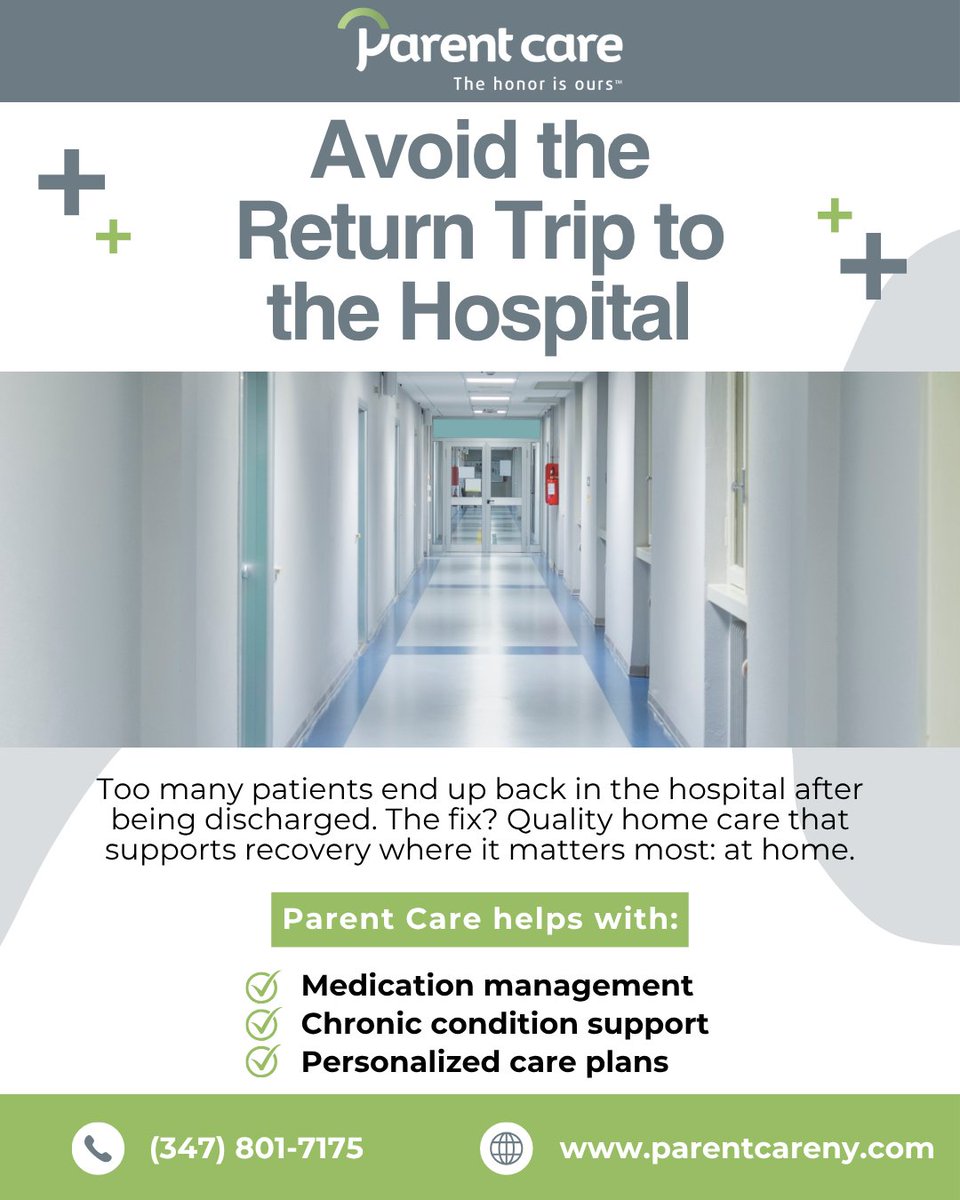 ParentCare3's tweet image. No one wants a hospital do-over. 🏥 With the right home care, recovery doesn’t have to hit rewind. Parent Care gives patients the tools and support they need to stay home, heal better, and avoid another trip back.
#HomeCare #ParentCareNY #HospitalReadmission