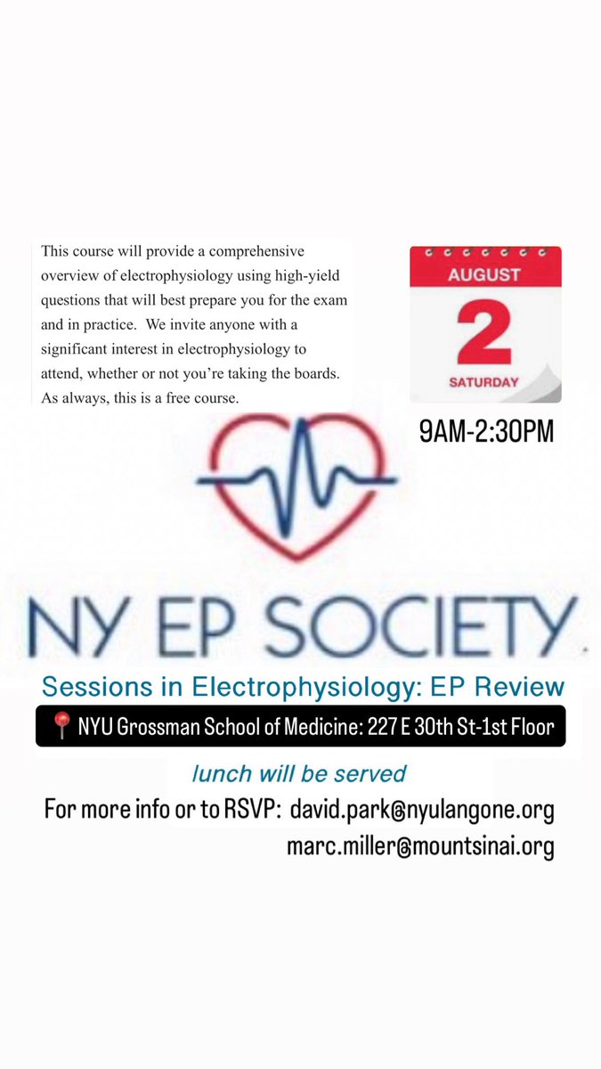 Sessions in Electrophysiology is a great way to prep for the exam or review EP concepts and case studies for your clinical practice. Please contact <a href="/DavidParkLab1/">David Park Lab</a> or Marc Miller to RSVP or more more info. 
<a href="/nyulangone/">NYU Langone Health</a> <a href="/MountSinaiNYC/">Mount Sinai Health System</a> #Epeeps