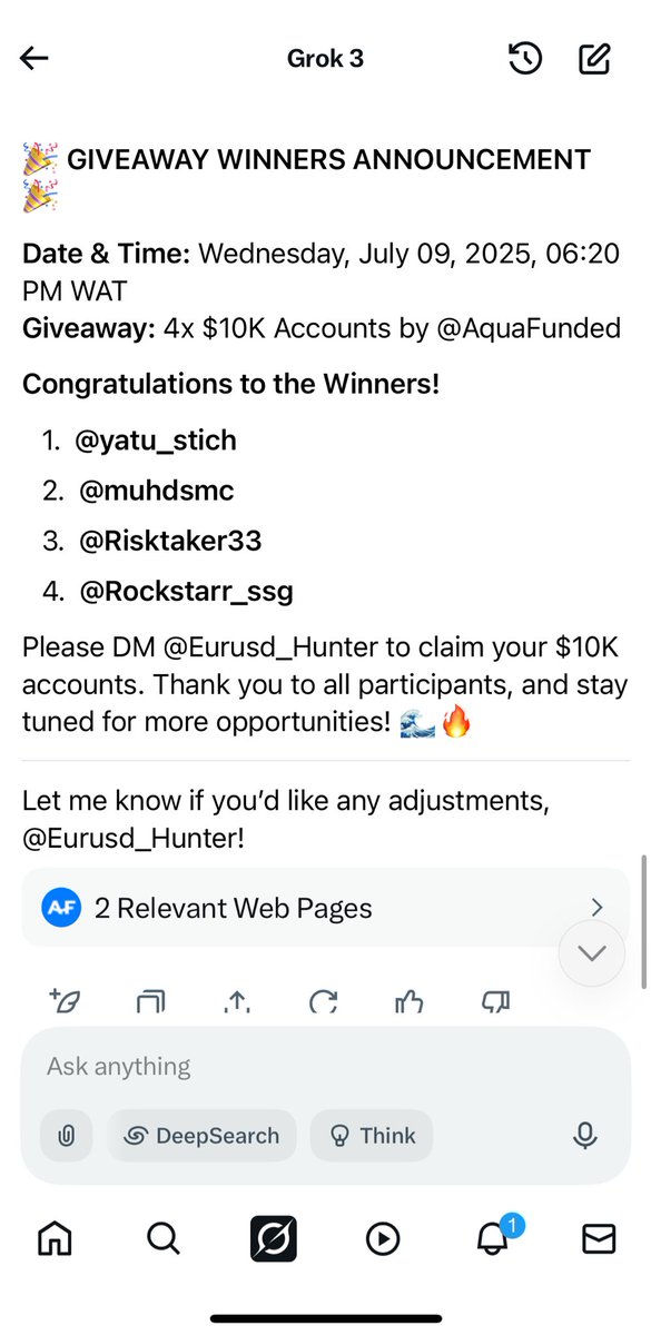 EU hunter FX (@eurusd_hunter) on Twitter photo Congratulations to the Winners!
1. <a href="/yatu_stich/">Yatu Ehmy</a>
2. <a href="/muhdsmc/">๐ฆ๐ฎ๐ก๐๐ฌ๐ฆ๐</a>
3. <a href="/Risktaker33/">Risk-Takerโ๐ป</a>
4. <a href="/Rockstarr_ssg/">Rockstar_ssg๐</a>
x.com/i/grok/share/Sโฆ
Please open ticket on discord to claim your $10K accounts. Thank you to all participants, and stay tuned for more opportunities! ๐๐ฅ Congratulations to the Winners!
1. <a href="/yatu_stich/">Yatu Ehmy</a>
2. <a href="/muhdsmc/">๐ฆ๐ฎ๐ก๐๐ฌ๐ฆ๐</a>
3. <a href="/Risktaker33/">Risk-Takerโ๐ป</a>
4. <a href="/Rockstarr_ssg/">Rockstar_ssg๐</a>
x.com/i/grok/share/Sโฆ
Please open ticket on discord to claim your $10K accounts. Thank you to all participants, and stay tuned for more opportunities! ๐๐ฅ