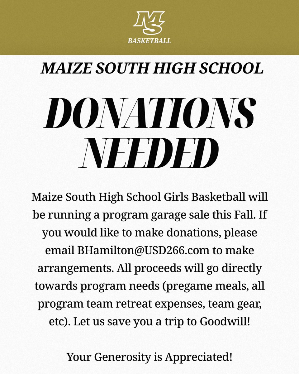 LadyMavHoops's tweet image. 🤝 𝑳𝒆𝒕 𝑼𝑺 𝑯𝒆𝒍𝒑 𝒀𝑶𝑼 🤝
Skip that annual trip to Goodwill and donate your old treasures to help support your Lady Mav Basketball Team. This fall, we will run a program garage sale where all proceeds will go directly towards the MSHS GBB Team.