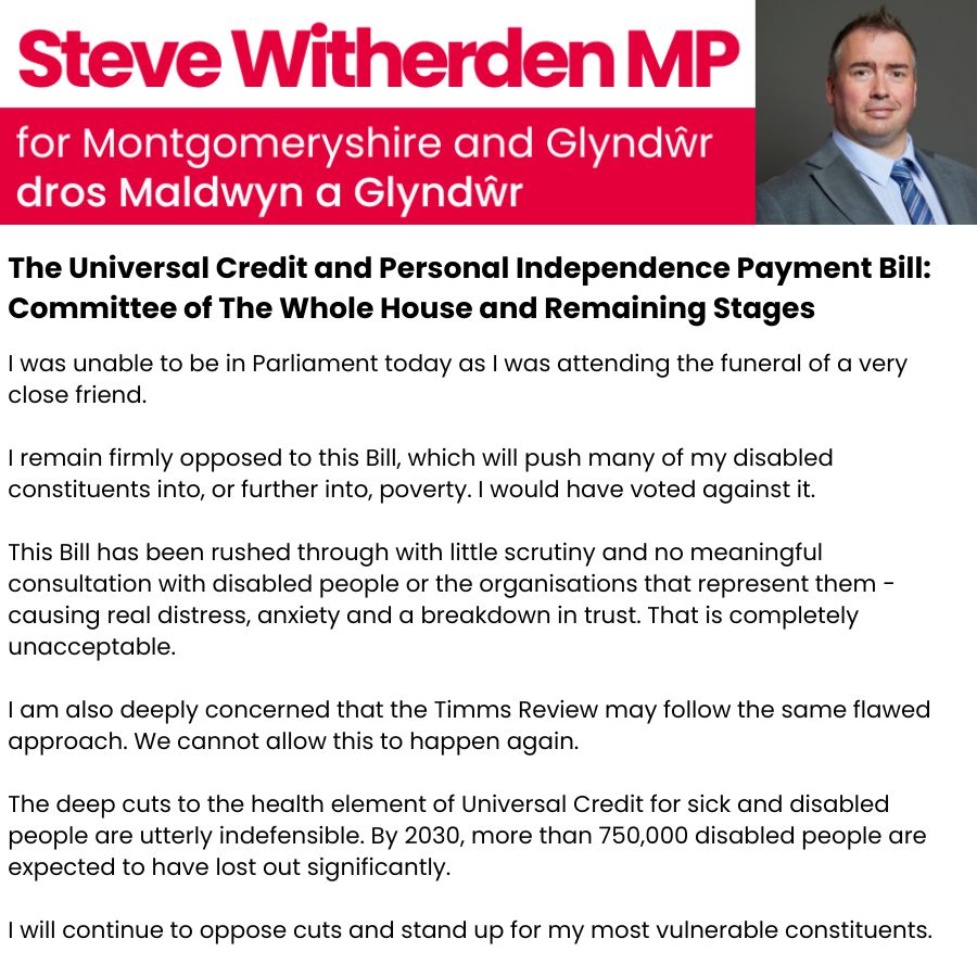 switherdenMP's tweet image. I would've voted against the UC & PIP Bill this evening, but was unable to be in Parliament as I was attending the funeral of a very close friend.
I remain firmly opposed to this Bill, which will push many disabled constituents into poverty.
Full statement below.