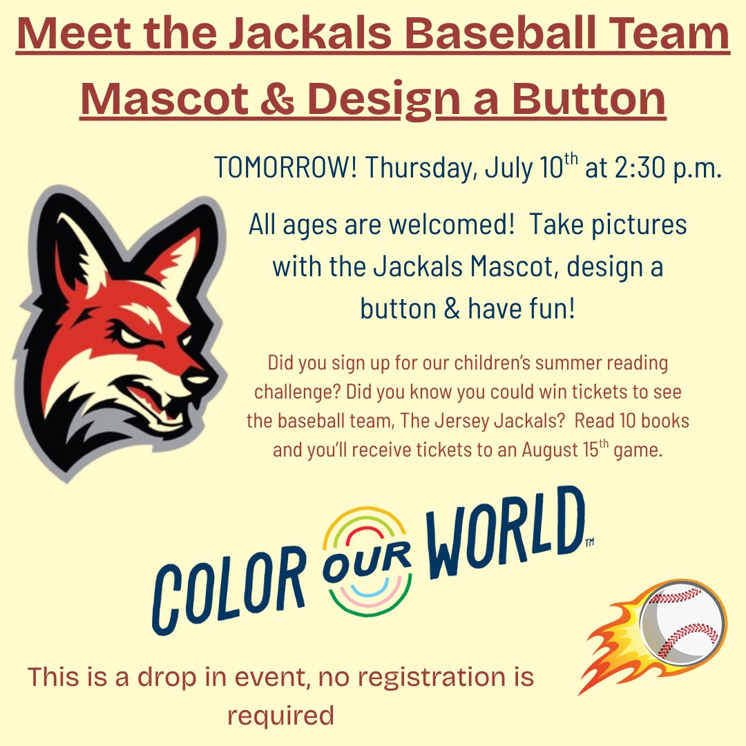 ERLibrary's tweet photo. TOMORROW MEET THE NJ JACKALS MASCOT AT THE LIBRARY &amp; DESIGN A BUTTON!  NO REGISTRATION, ALL AGES ARE WELCOMED! https://t.co/ikrKsp7bY6