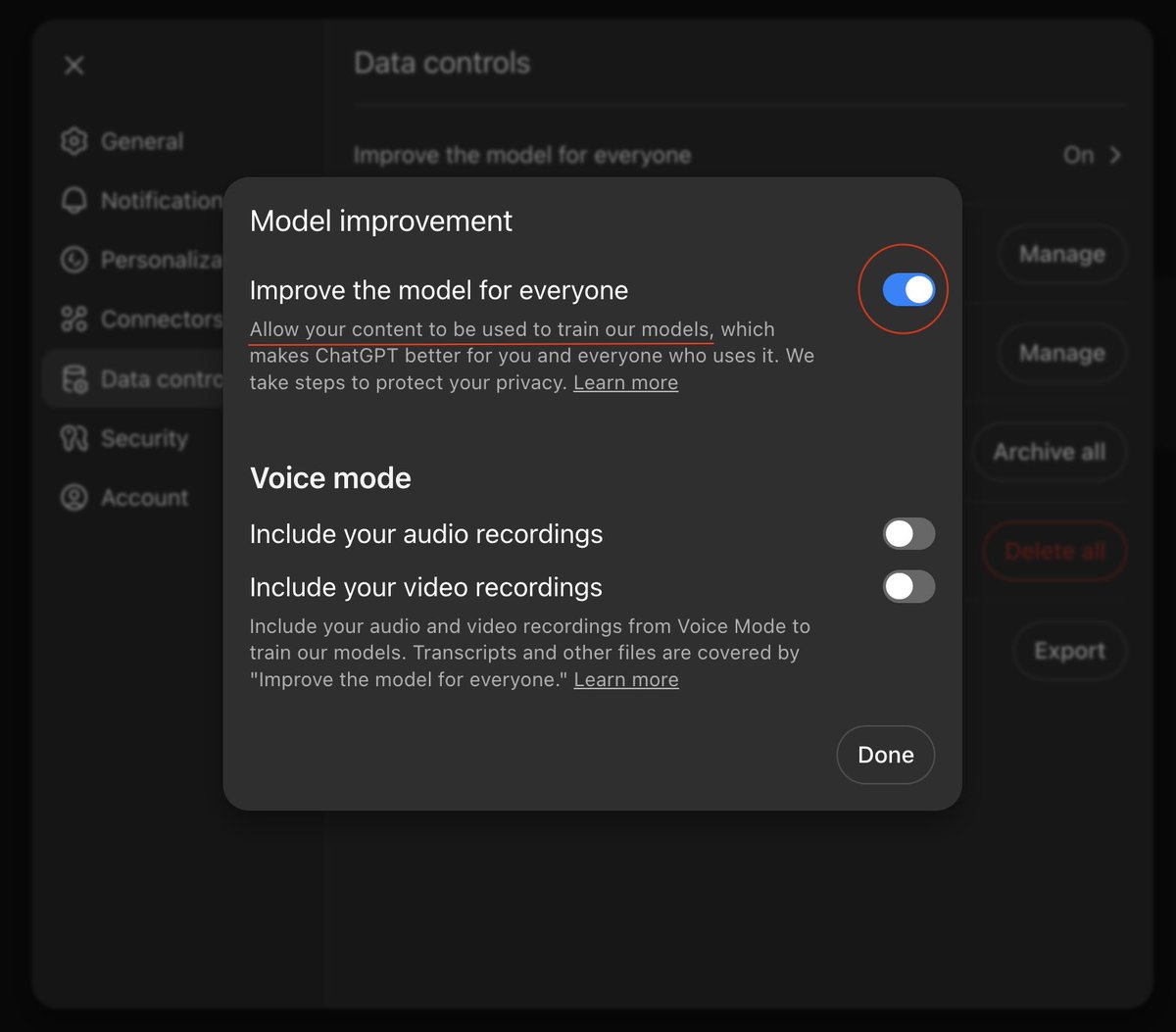 "Allow your content to be used to train our models" ... is the default setting for ChatGPT. 

Shorter: we may make your private information public. 

Insane OpenAI is getting away with this on by default.