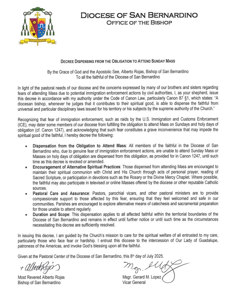 reporterjacobg's tweet image. Just in: the bishop and vicar general of the diocese of San Bernardino in CA have issued a decree dispensing from the need to attend Sunday Mass due to concerns about ICE raids targeting worshippers