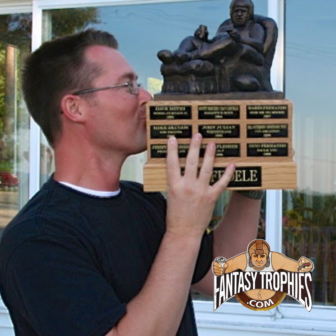 FantasyTrphies's tweet photo. “My wife hated that trophy.  For a year it was my most prized possession.” Jim J., Cleveland, OH #fantasyfootball #perpetualtrophy #ffleague https://t.co/jJZPlvEk0n