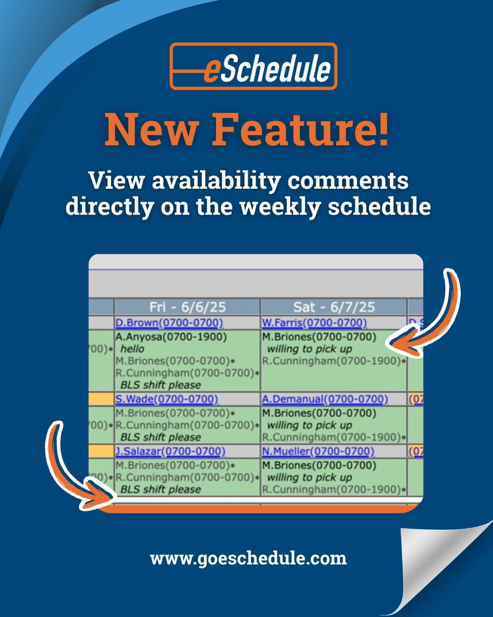 goeschedule's tweet image. New feature! 
Now you can view availability comments directly in your schedule. 
#eSchedule #FeatureUpdate #SchedulingTools #eSchedule #WorkforceEfficiency #PublicSafetySoftware #EMS #Firefighters #PoliceTech #ShiftManagement #HealthcareScheduling