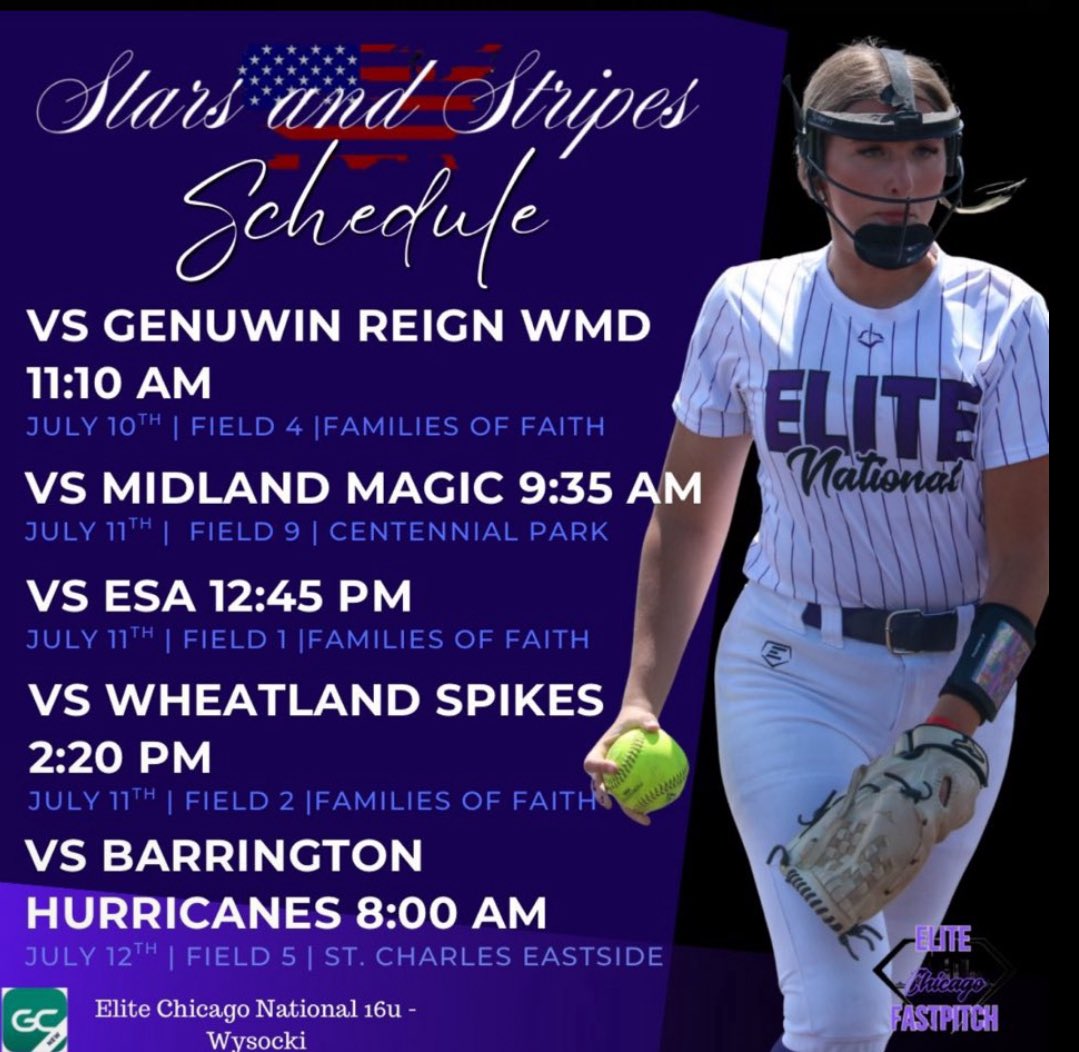 Kate Mollet (@katemollet2027) on Twitter photo Here is our schedule for Stars and Stripes come check us out!! 💜<a href="/CoachJoshHays/">Josh Hays</a> <a href="/coach_k19/">Kealia Wysocki</a> <a href="/elitenat16u/">Elite Chicago National 16u</a> Here is our schedule for Stars and Stripes come check us out!! 💜<a href="/CoachJoshHays/">Josh Hays</a> <a href="/coach_k19/">Kealia Wysocki</a> <a href="/elitenat16u/">Elite Chicago National 16u</a>