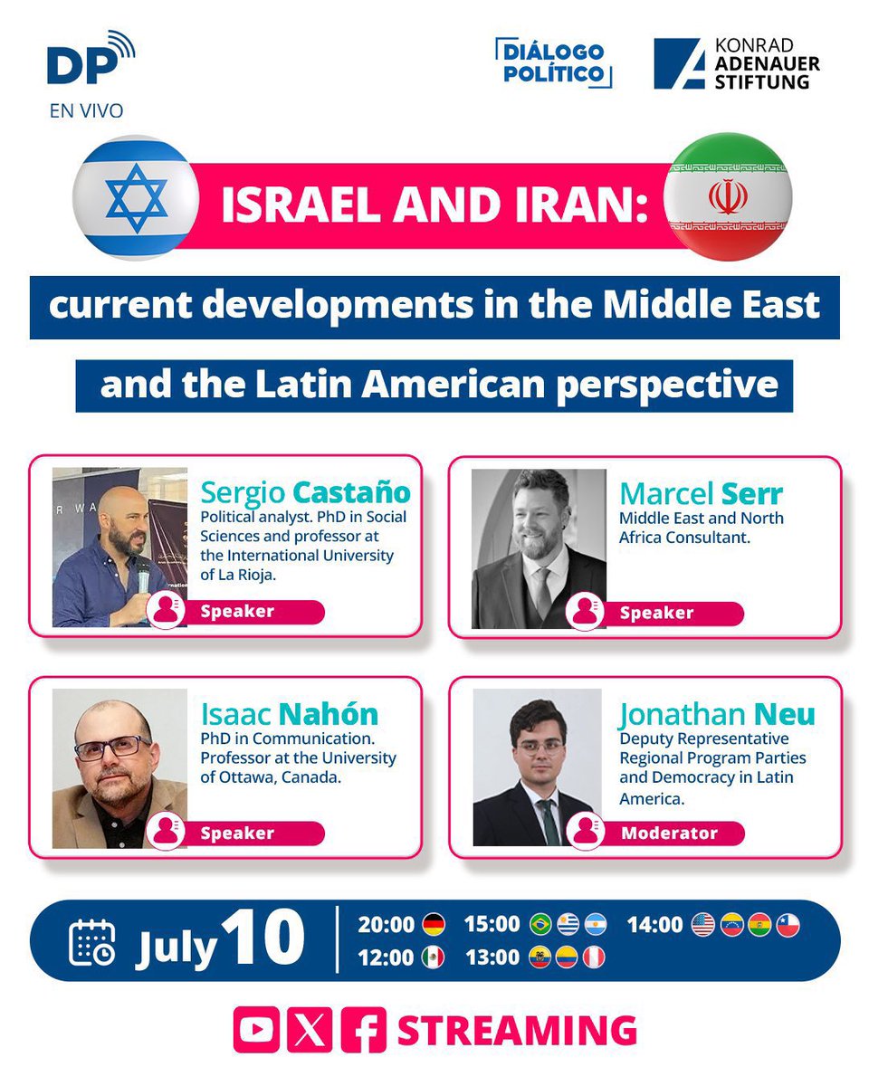 🌍 ¿Cómo impacta el conflicto Irán–Israel en Medio Oriente y qué dice América Latina? 🇮🇱🇮🇷

Te invitamos a la mesa de análisis:

🔎 "Current developments in the Middle East and the Latin American perspective"

▪️ Marcel Serr – Consultor <a href="/KASonline/">Adenauer-Stiftung</a> para Medio Oriente y Norte de