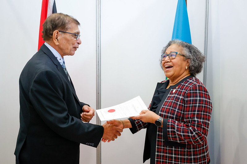 SG_CARICOM's tweet photo. I was pleased to accept the Letter of Credence from HE Ralph Maraj, accrediting him as Ambassador of Trinidad and Tobago🇹🇹 to CARICOM. The ceremony took place in the margins of the #49HGC in Montego Bay #JAMAICA. The Secretariat looks forward to supporting him in his new role. https://t.co/Qx7YRL2rEW