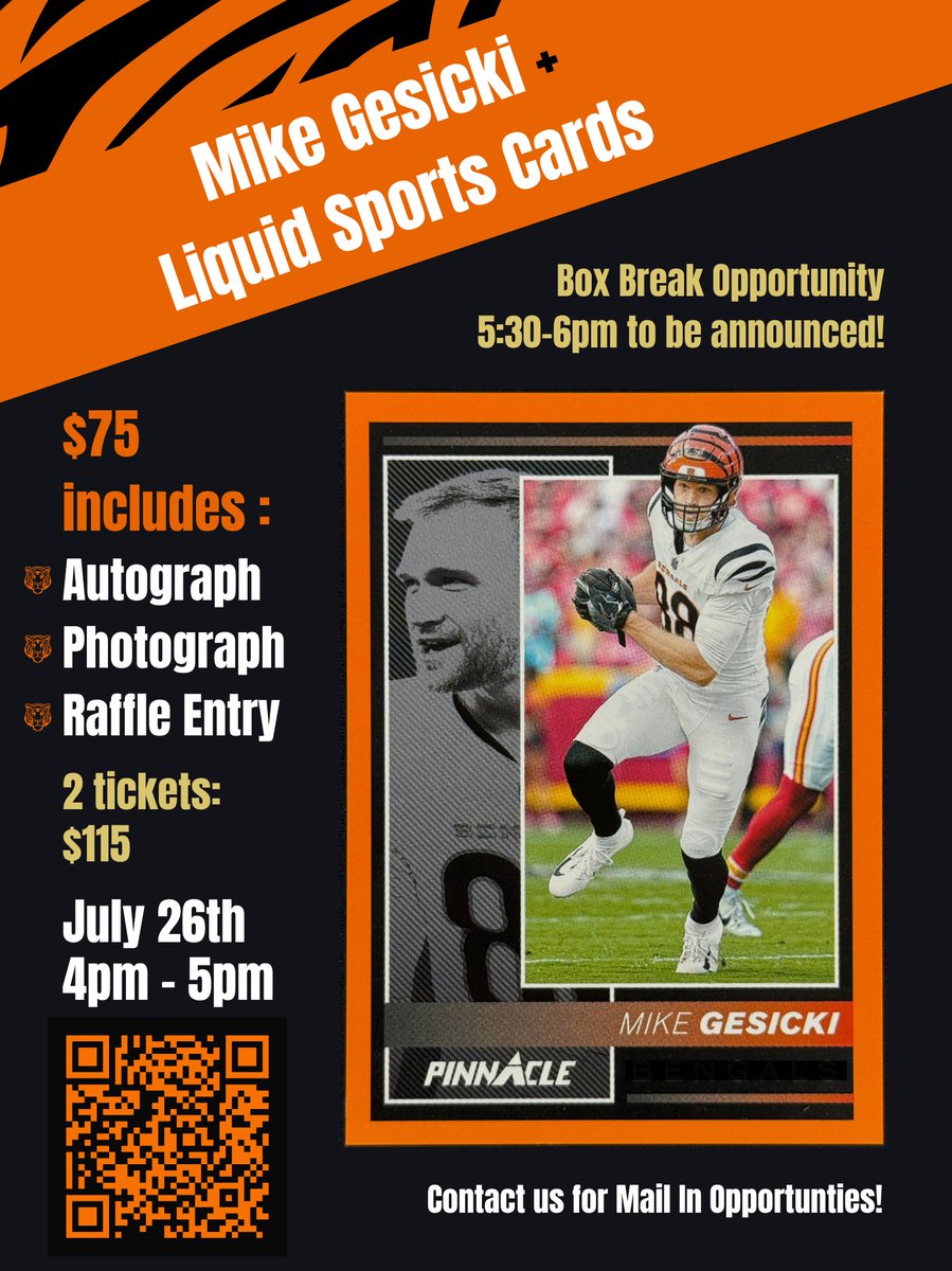 LiquidCards513's tweet image. 🐅 ROAR!! 🐅 Cincinnati! @MikeGesicki is signing at the shop! July 26th from 4pm to 5pm!! Box break opportunity as well, be there LIVE FOR THE RIP!! Announced later this week!
Check out our website for ticket info and please message us with any questions!! @frontrunnermgmt