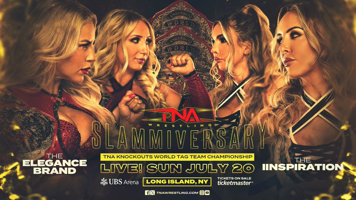 TNA Wrestling (@thisistna) on Twitter photo The Elegance Brand defends the Knockouts World Tag Team Titles against The IInspiration at #TNASlammiversary LIVE on PPV and TNA+ on July 20 from UBS Arena on Long Island, NY.
<a href="/Ashamae_Sebera/">Ash By Elegance</a> <a href="/Heathereckless/">Heather by Elegance 💋</a> <a href="/JessicaMcKay/">Jessica McKay</a> <a href="/CassieLee/">Cassie Lee</a>
Get tickets NOW: ticketmaster.com/event/30006183… The Elegance Brand defends the Knockouts World Tag Team Titles against The IInspiration at #TNASlammiversary LIVE on PPV and TNA+ on July 20 from UBS Arena on Long Island, NY.
<a href="/Ashamae_Sebera/">Ash By Elegance</a> <a href="/Heathereckless/">Heather by Elegance 💋</a> <a href="/JessicaMcKay/">Jessica McKay</a> <a href="/CassieLee/">Cassie Lee</a>
Get tickets NOW: ticketmaster.com/event/30006183…