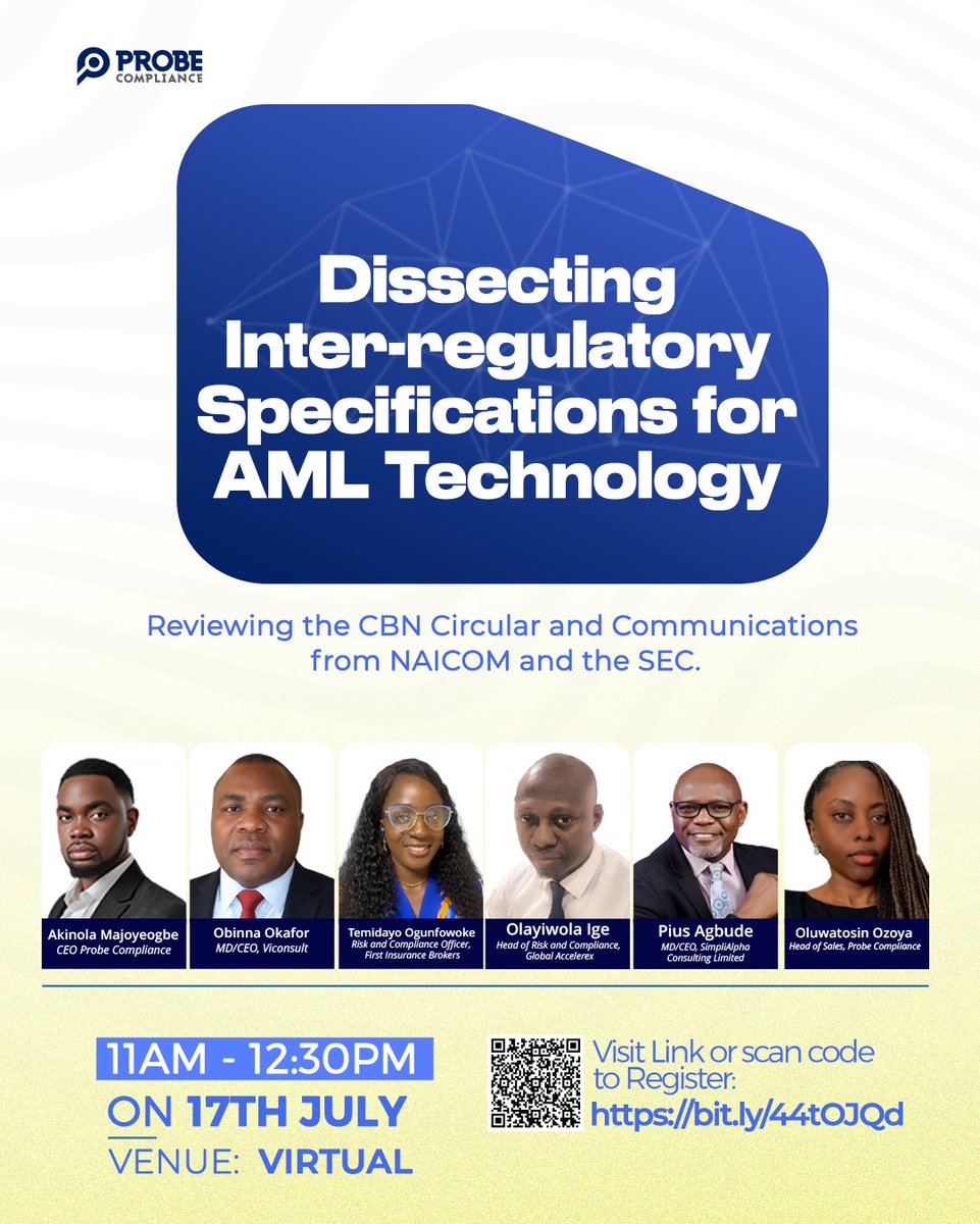 probecompliance's tweet image. Join our expert-led webinar as we dissect inter-agency AML tech mandates &amp;amp; practical steps to stay compliant.

🗓 July 17 | ⏰ 11AM
🔗 Register: bit.ly/44tOJQd
#AMLTech #CBNCircular #RegTech #ProbeCompliance