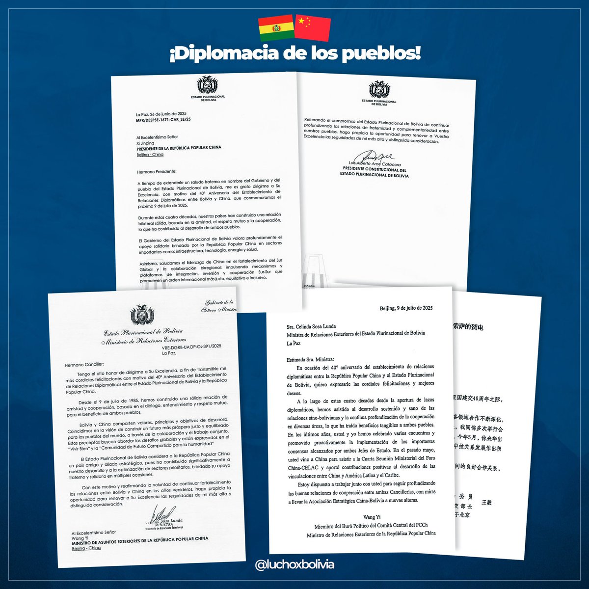 Hace cuatro décadas que Bolivia estableció relaciones diplomáticas con China. Esta relación está caracterizada  no solo por un respeto mutuo, sino por un creciente y sincero interés de conocimiento de nuestras culturas milenarias y, recientemente, por una profundización de