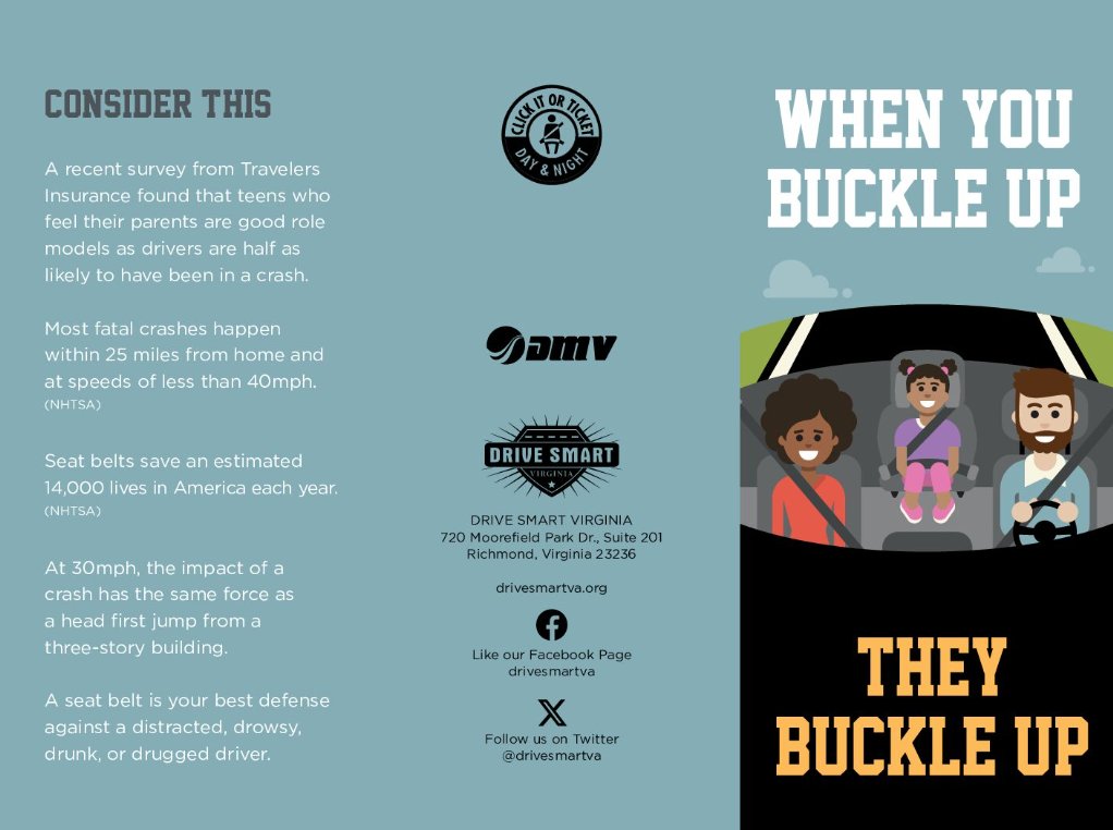 DRIVESMARTVA's tweet image. **NEW!!** "When You Buckle Up They Buckle Up" tri-fold brochures – Updated for Backseat Law effective July 1st!!
Now available FREE from our online store: drivesmartva.org/store/