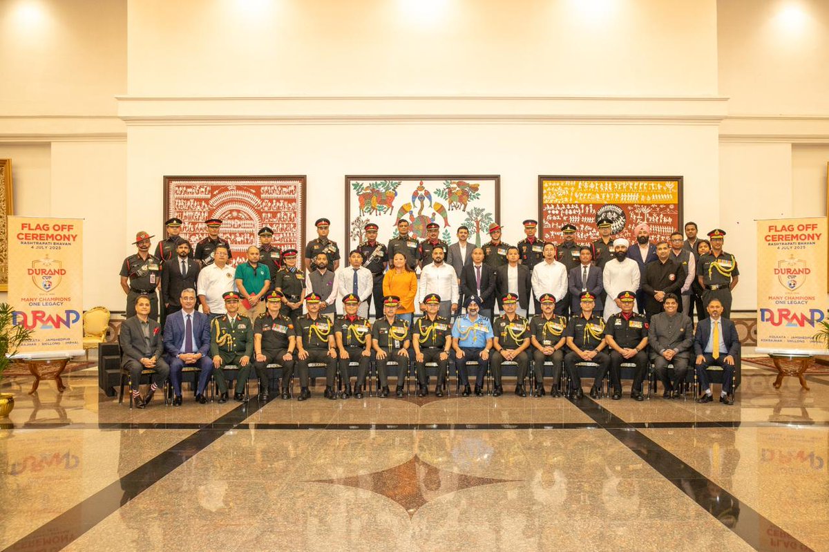 President Droupadi Murmu ceremonially flagged off the trio of iconic trophies — the Durand Cup, the President’s Cup, and the Shimla Trophy — at the Rashtrapati Bhavan Cultural Centre on July 4, 2025. This event officially kicked off the 134th IndianOil Durand Cup, Asia oldest