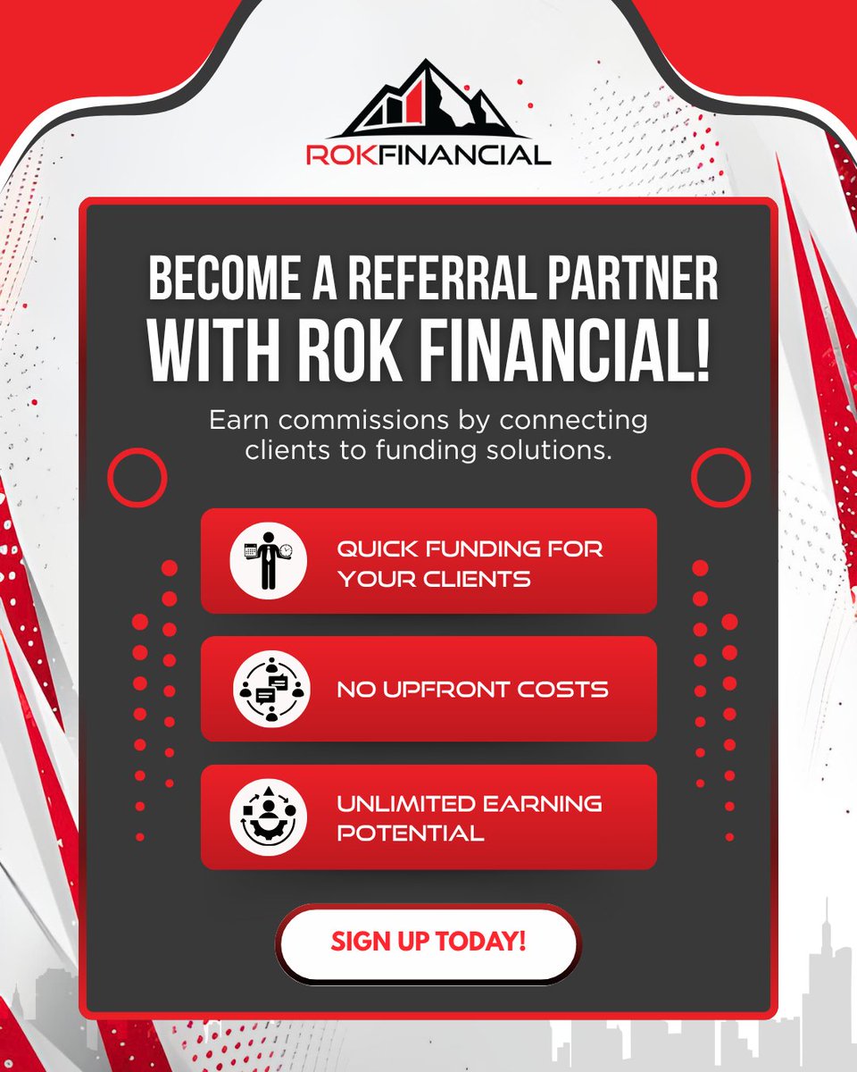 _TheFundingBOSS's tweet image. 🤝 Become a ROK Financial Referral Partner!
Earn commissions by connecting clients to fast funding—no cost to join.

✔️ 75+ lenders
✔️ 24–48hr funding
✔️ Full support &amp;amp; no limits on earnings

Start earning today! Apply now and let’s work together 💰

rokfi.biz/AffiliateSM