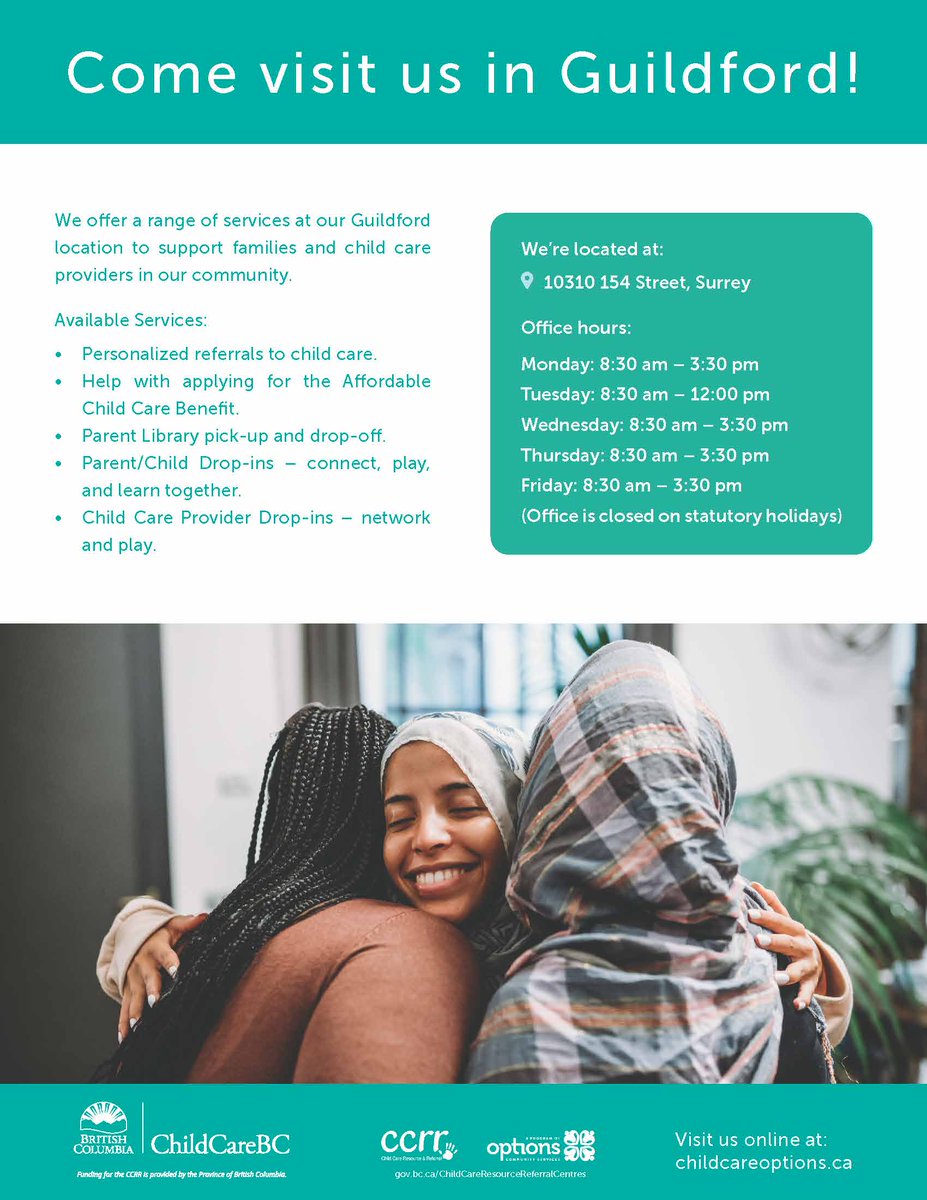 Come see us at our Guildford location as we offer a range of services to support families &amp; child care providers in our community!

We're located at 10310 154 Street, Surrey. For office hours, please visit our website: childcareoptions.ca/about-child-ca… #guildfordoffice #CCRR