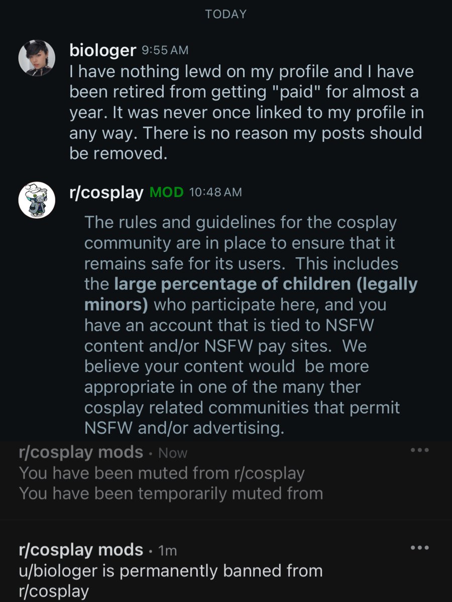 Just got permanently banned from r/cosplay with no warning or response for posting THIS PHOTO. Mind you my reddit account is and always has been completely SFW