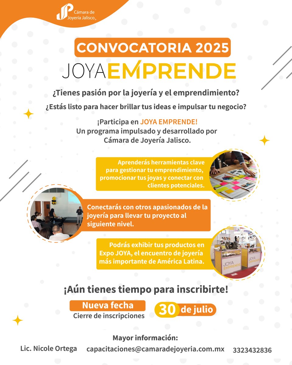 Cámara de Joyería (@camaradejoyeria) on Twitter photo ¡JOYA Emprende extiende su cierre de inscripciones al 30 de julio!
No dejes pasar esta oportunidad de transformar tu emprendimiento.
Haz que tu talento brille.
🗓 Cierre de inscripciones: 30 de julio
cedij.com.mx/joya-emprende/
capacitaciones@camaradejoyeria.com.mx
📞 33 2343 2836 ¡JOYA Emprende extiende su cierre de inscripciones al 30 de julio!
No dejes pasar esta oportunidad de transformar tu emprendimiento.
Haz que tu talento brille.
🗓 Cierre de inscripciones: 30 de julio
cedij.com.mx/joya-emprende/
capacitaciones@camaradejoyeria.com.mx
📞 33 2343 2836