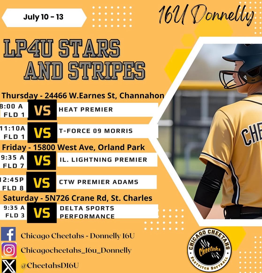 Staying close to home this weekend! Come watch us play at the LP4U Stars and Stripes! 

<a href="/CheetahsD16U/">ChicagoCheetahsDonnelly</a> <a href="/TuftsSoftball/">Tufts Softball</a> <a href="/CoachEbs/">Lauren Ebstein</a> <a href="/EmorySoftball/">Emory Softball</a> <a href="/Coach_India_C/">Coach India (Chiles) / SlapperNation</a> <a href="/Coach_KatieG/">Katie Griffith</a> <a href="/HoyaSoftball/">Georgetown Softball</a> <a href="/FordhamSoftball/">Fordham Softball</a> <a href="/CoachInouye/">Melissa Inouye</a> <a href="/IlliniSB/">Illinois Softball</a> <a href="/TyraPerry13/">Tyra Perry</a> <a href="/BadgerHealy/">BadgerCoachHealy</a> <a href="/BadgerSoftball/">Wisconsin Softball</a> <a href="/PUSoftball/">Princeton Softball</a>