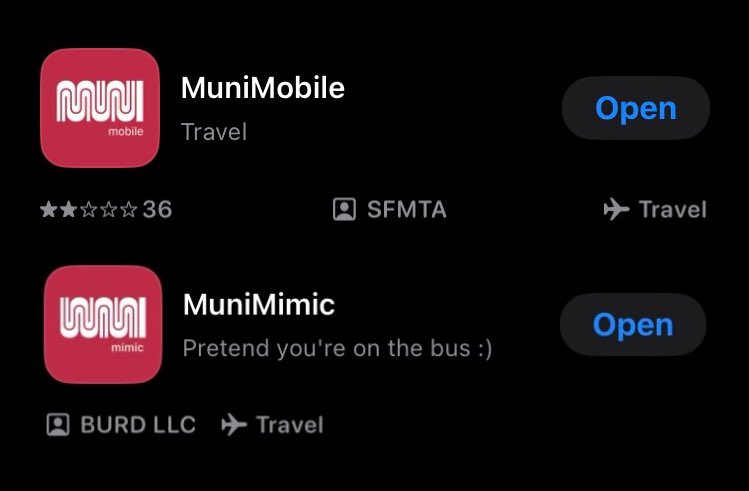 BusDownBonnor's tweet image. The MuniMobile app has a 1.8⭐️ rating on the App Store. Can we get my free bus ticket simulator to a better rating?
apps.apple.com/us/app/munimim…