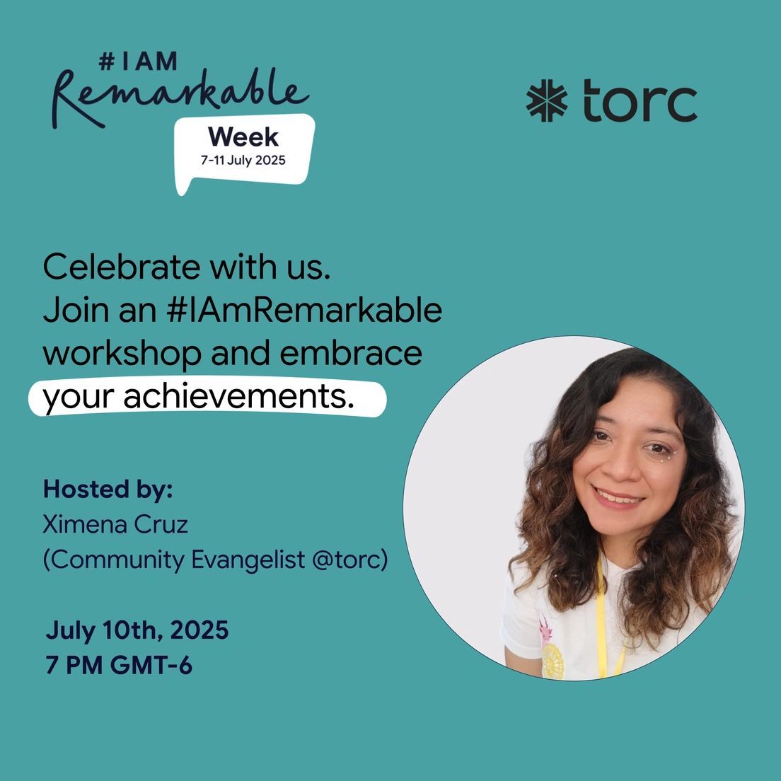 👀 ¿Te da pena hablar de tus logros? Eso acabar porque se acaba.

Únete al taller interactivo (powered by Google) para dejar atrás la falsa modestia y reconocer todo lo que has logrado.

🗓️ 10 de julio | 7 PM (GMT-6)
🎤 Host: Ximena Cruz
🔗 torc.community

Tu historia