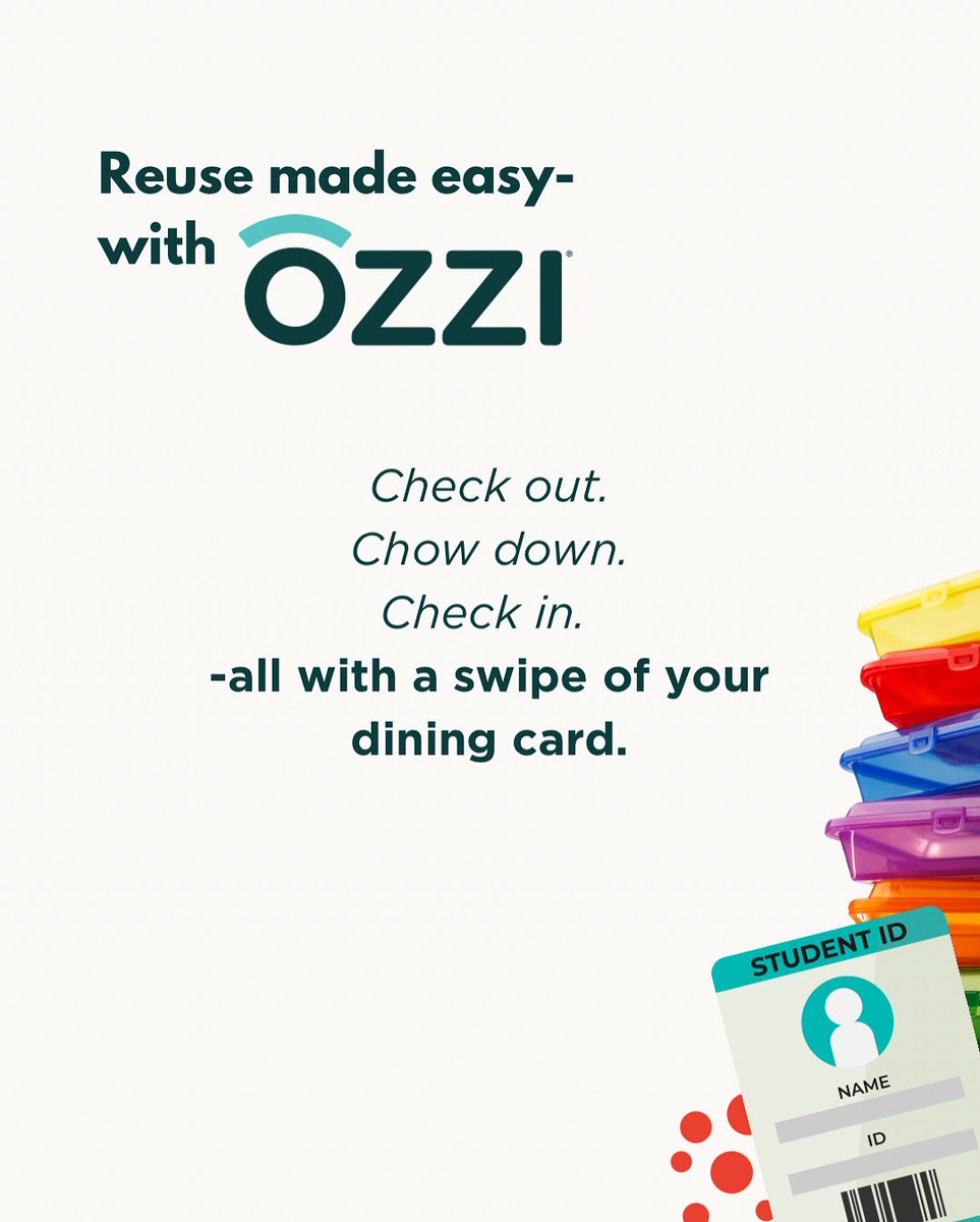 This year, your campus dining is fully integrated with Transact® +CBORD®, or Atrium®—making it easier than ever to use OZZI. 
✅ No added fees
✅ No app downloads required
✅ Fully connected to your student dining account

#OZZIOnCampus #BackToCampus #SustainableDining #Reuse