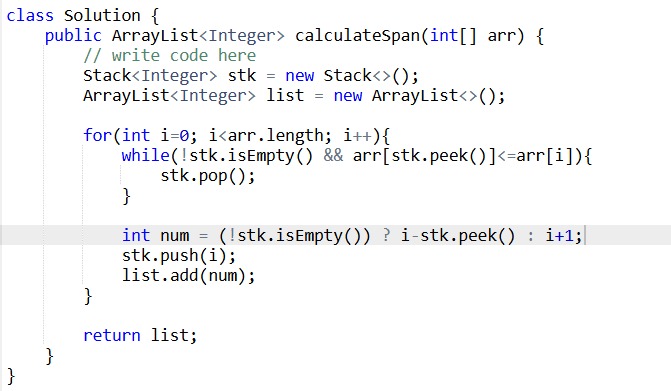 _aditya149_'s tweet photo. Day 102 of #gfg160 days of problem solving by @geeksforgeeks

Today's problem: stock span problem

Time complexity : O(n)
Space complexity: O(n)

#geekstreak2025 #gfg #geeksforgeeks #coding #CodingJourney #dsa #potd #java https://t.co/WwqY4uK6Cx