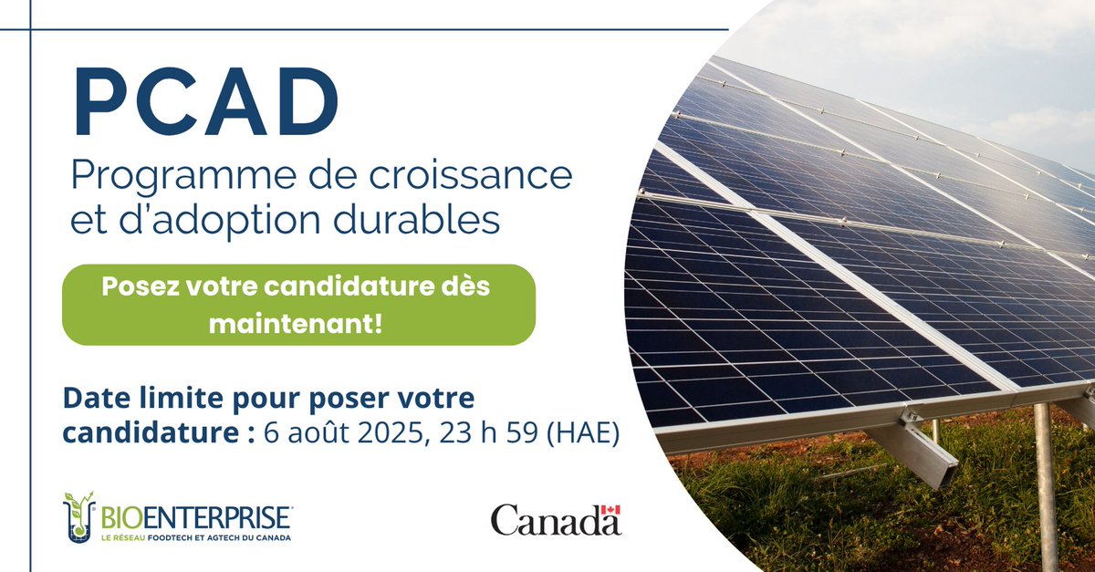 BioenterpriseCA's tweet image. 📣 Nous invitons les entreprises du secteur des technologies alimentaires et agroalimentaires à découvrir le #PCAD. Obtenez jusqu’à 100 k$ de financement pour vos projets de #CroissancePropre. Financé par le #GC par l’intermédiaire de @FedDevOntario. 

➡️ ow.ly/Cipk50Wa6S6
