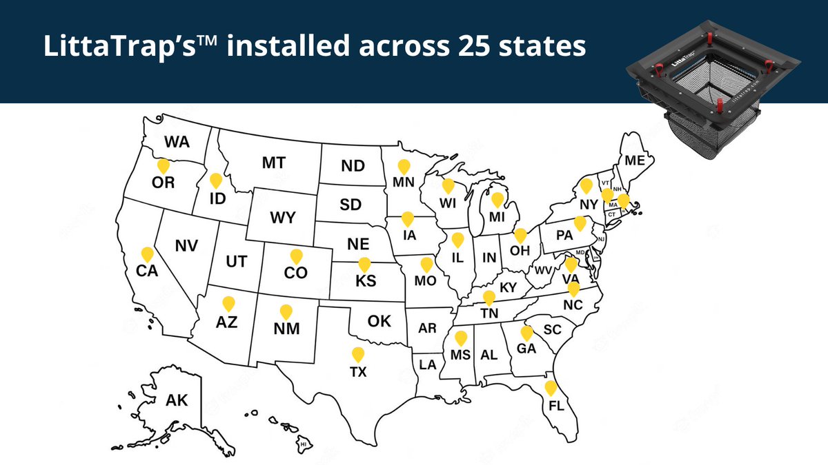 The #EnviroPod™ #LittaTrap™ is now protecting waterways in 25 states in the USA! 🇺🇸The LittaTrap™ captures trash &amp; plastic pollution before it enters the stormwater. Installed directly into storm drains, it’s helping protect local waterways. Learn more hubs.la/Q03v-p_f0